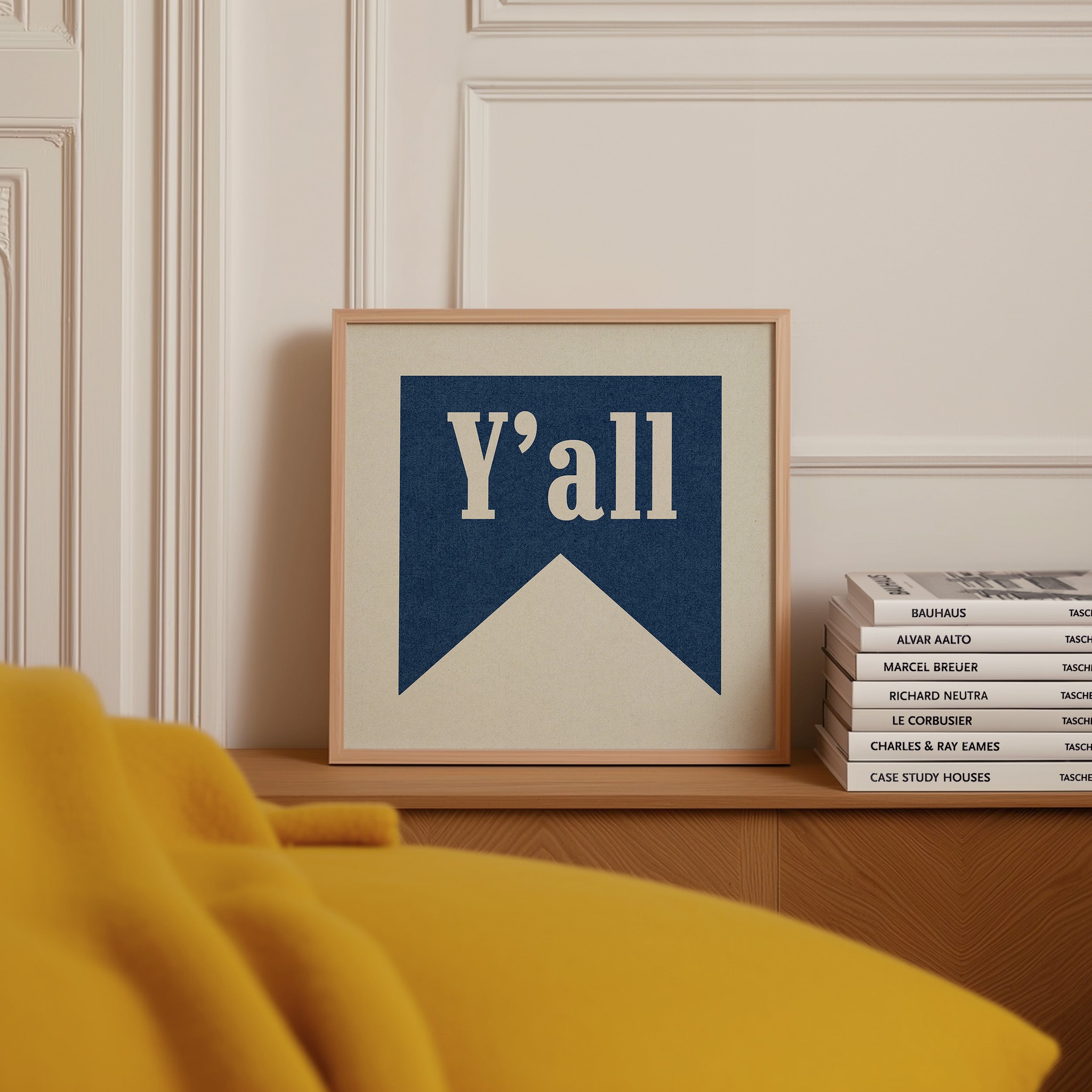 Y'all Navy Banner Tab Typography Square Art Print - Tejas Country Club