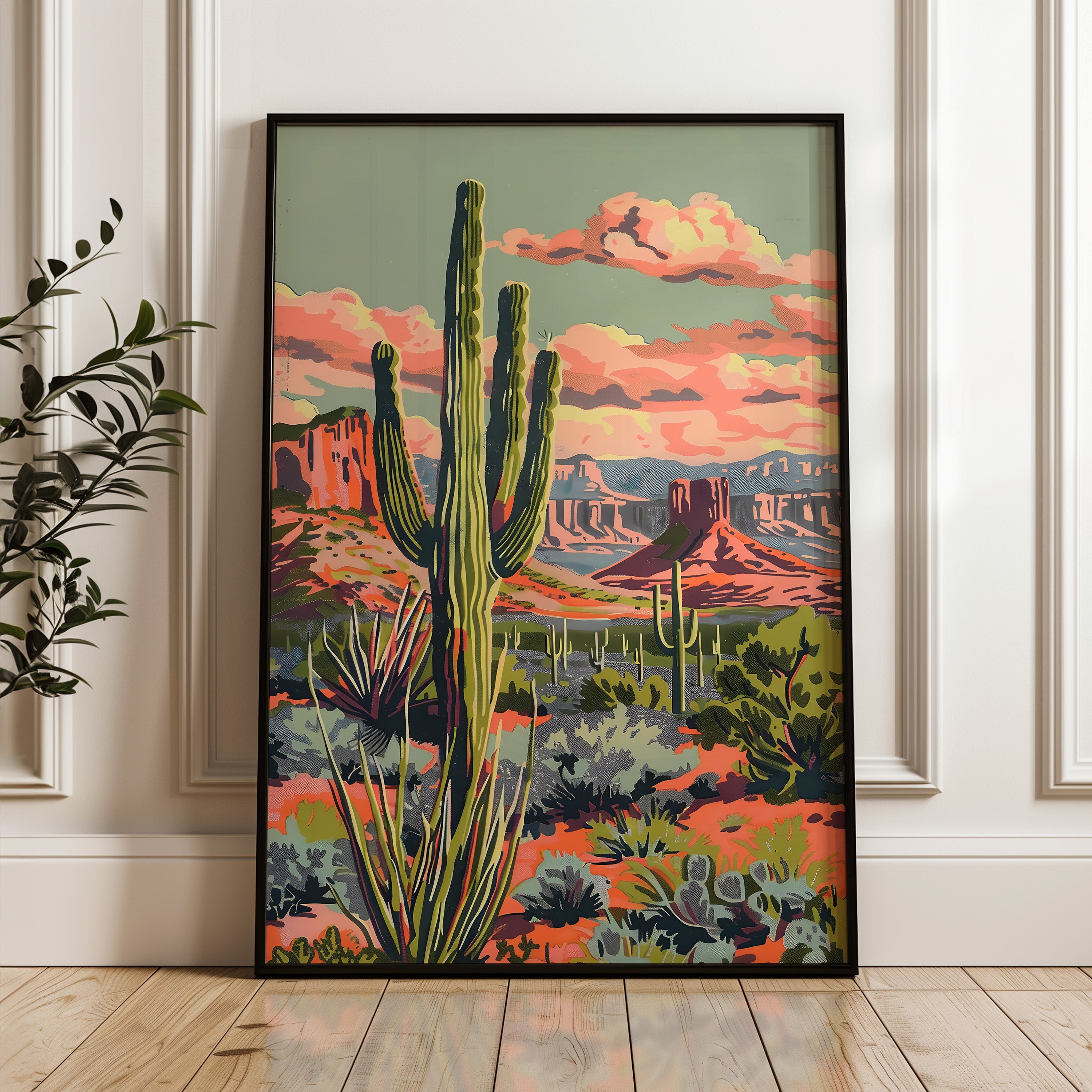 Vintage Paint By Numbers Style Saguaro Desert Art Print - Tejas Country Club