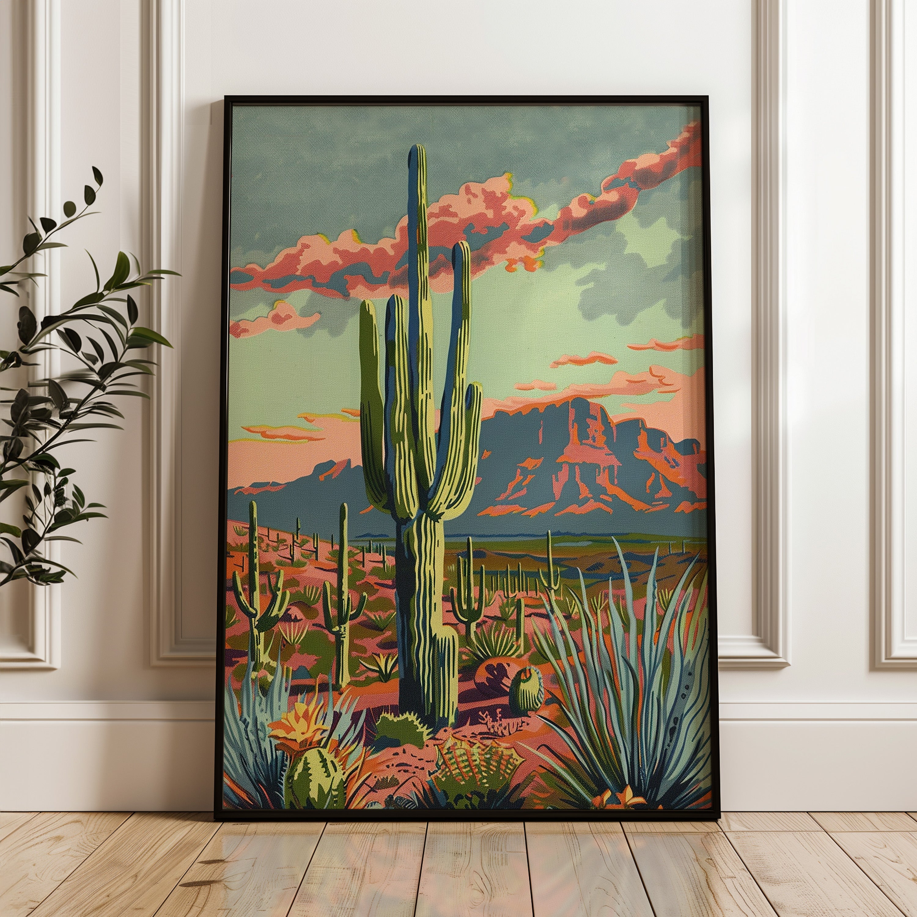 Vintage Paint By Numbers Style Arizona Desert Landscape Art Print - Tejas Country Club