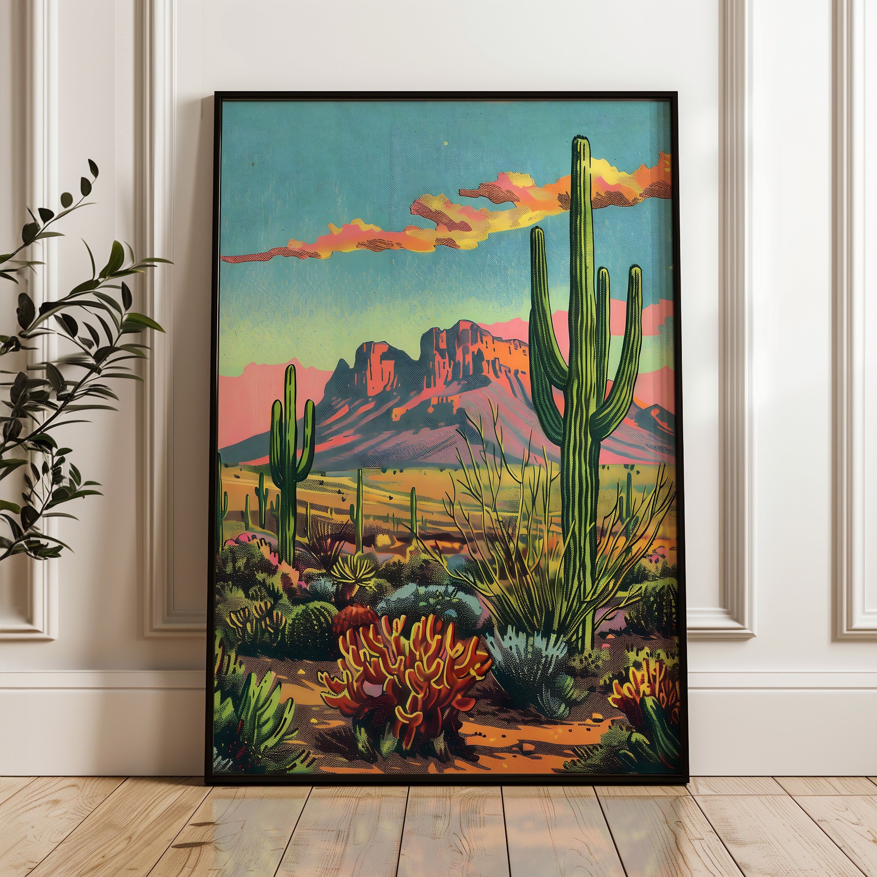 Vintage Postcard Style Desert Landscape Saguaro Art Print - Tejas Country Club