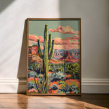 Vintage Paint By Numbers Style Saguaro Desert Art Print - Tejas Country Club