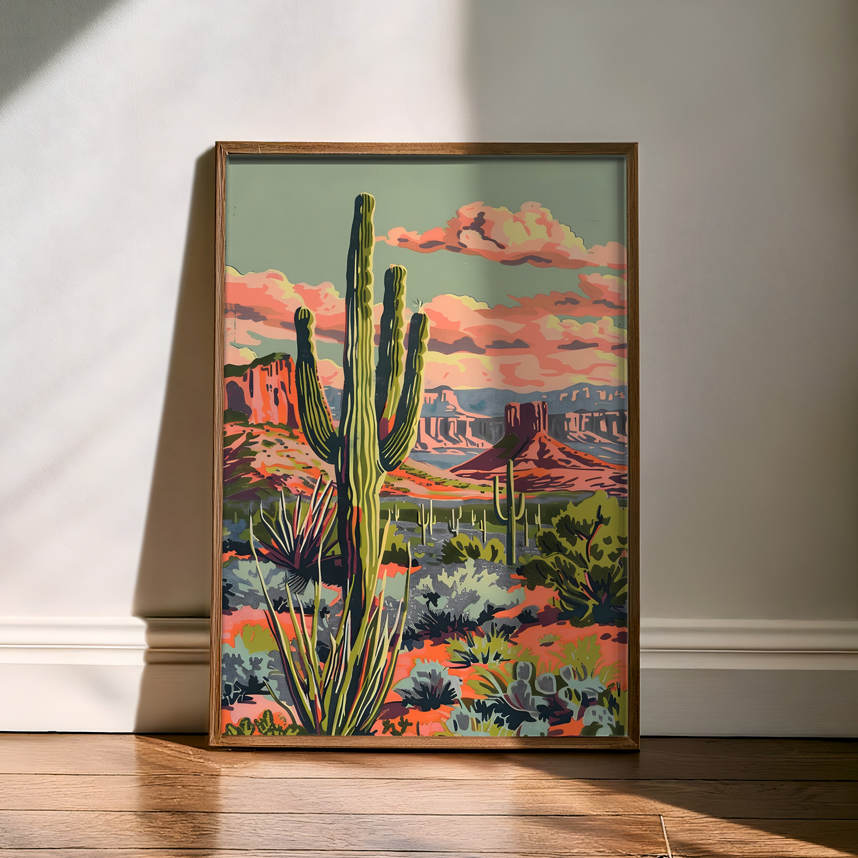 Vintage Paint By Numbers Style Saguaro Desert Art Print - Tejas Country Club