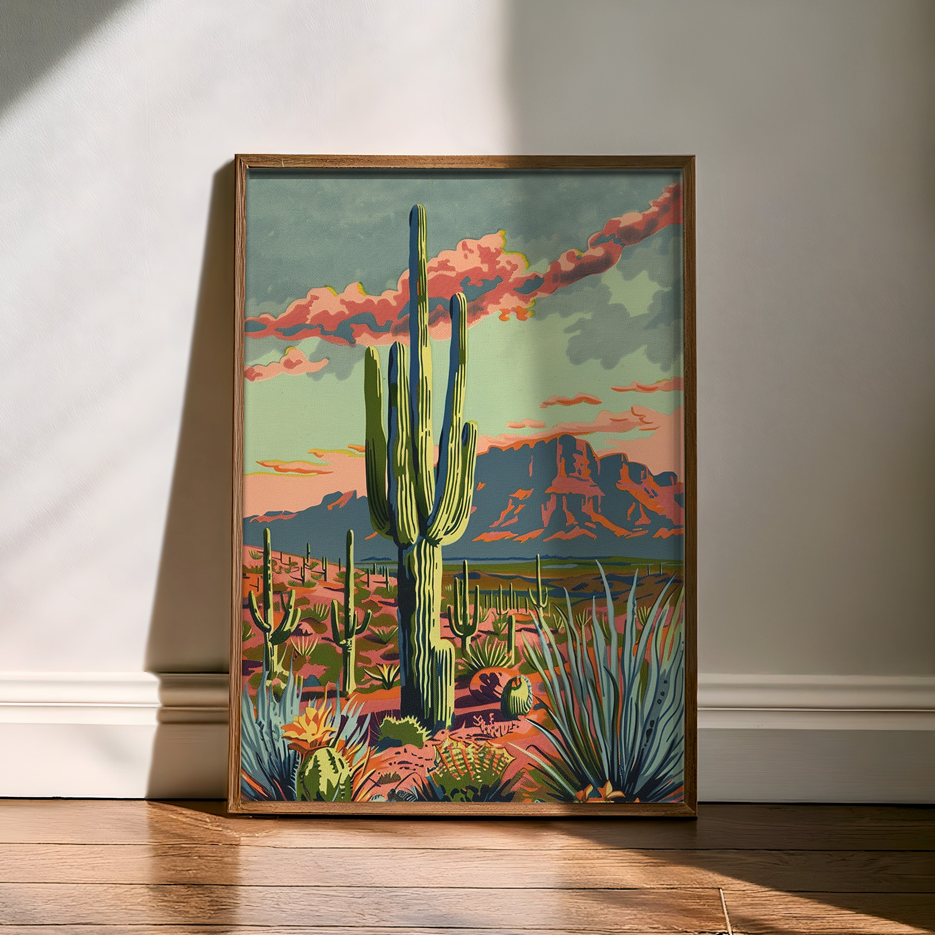 Vintage Paint By Numbers Style Arizona Desert Landscape Art Print - Tejas Country Club