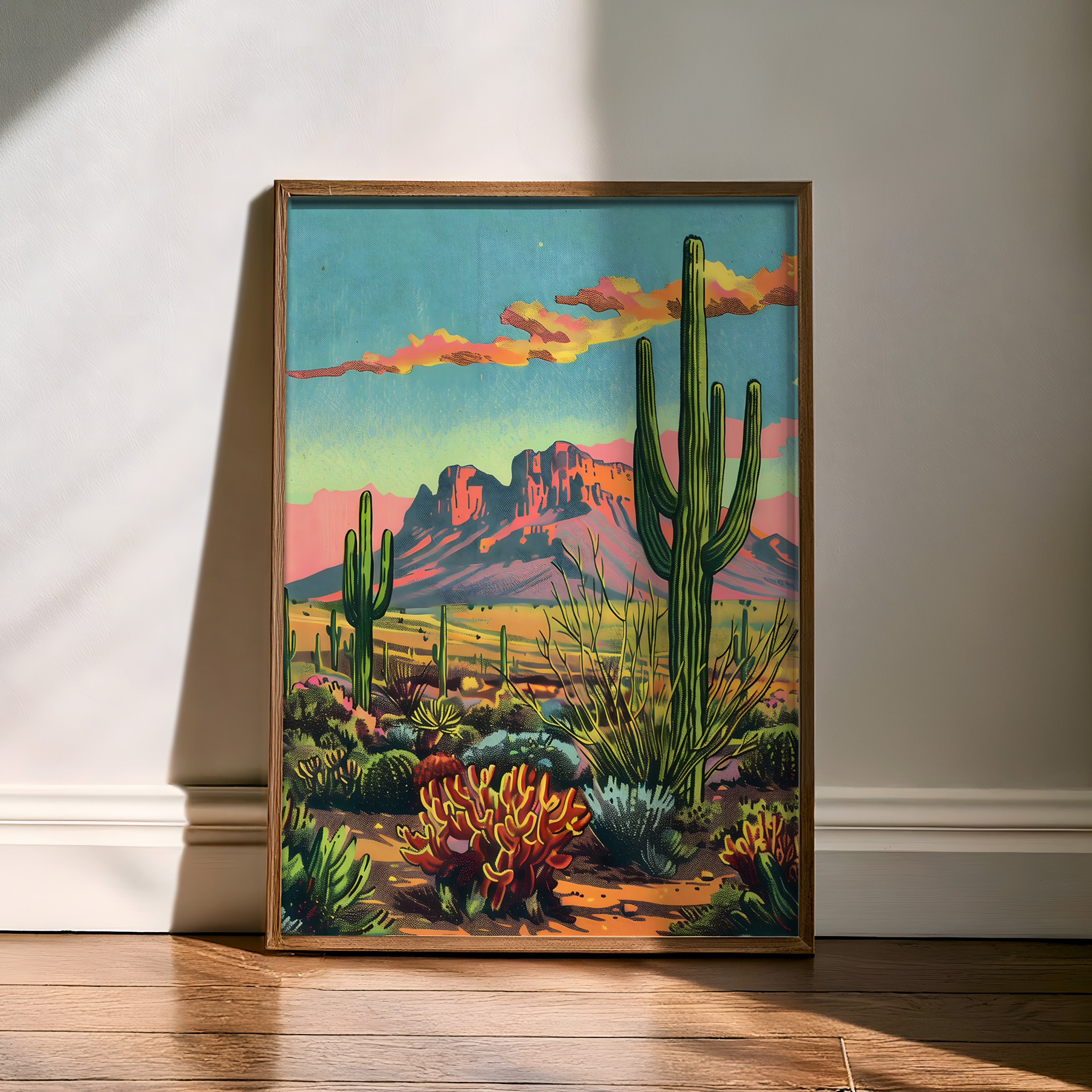 Vintage Postcard Style Desert Landscape Saguaro Art Print - Tejas Country Club