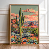 Vintage Paint By Numbers Style Saguaro Desert Art Print - Tejas Country Club
