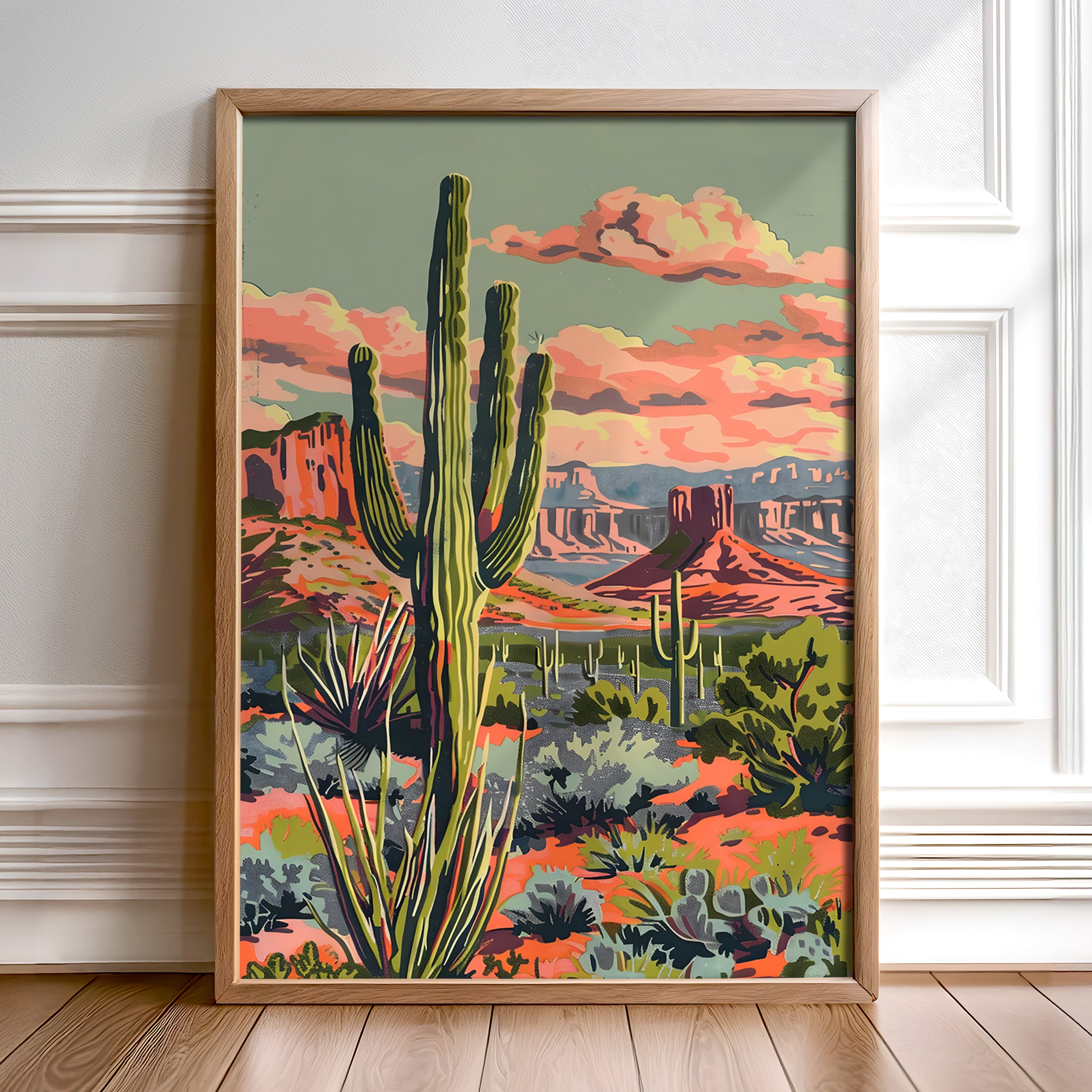 Vintage Paint By Numbers Style Saguaro Desert Art Print - Tejas Country Club