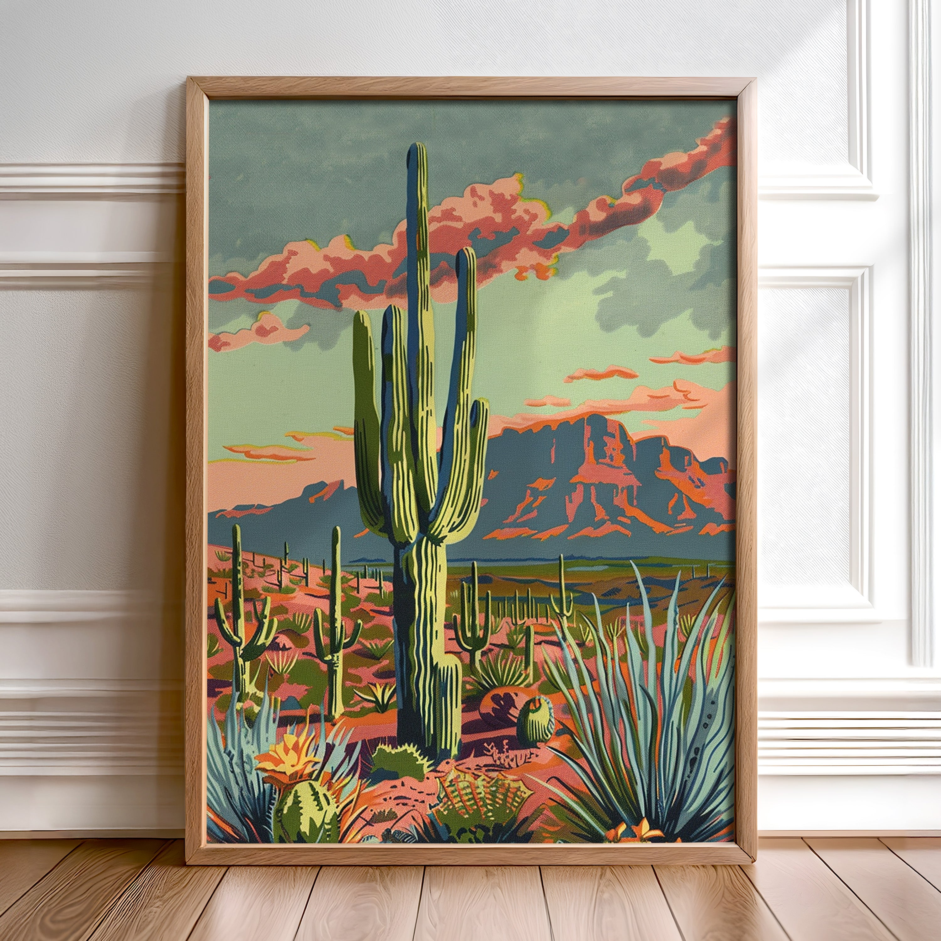 Vintage Paint By Numbers Style Arizona Desert Landscape Art Print - Tejas Country Club