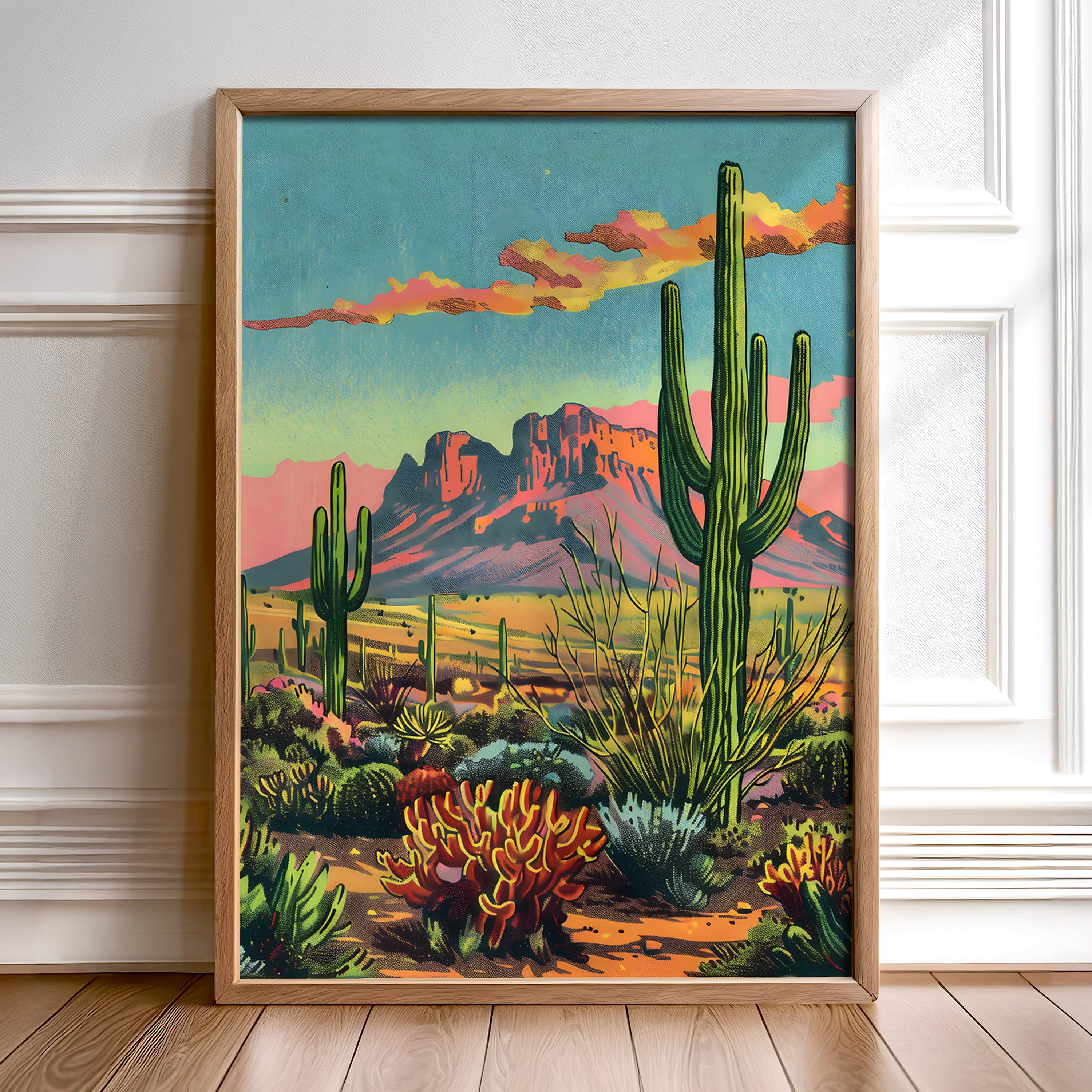 Vintage Postcard Style Desert Landscape Saguaro Art Print - Tejas Country Club