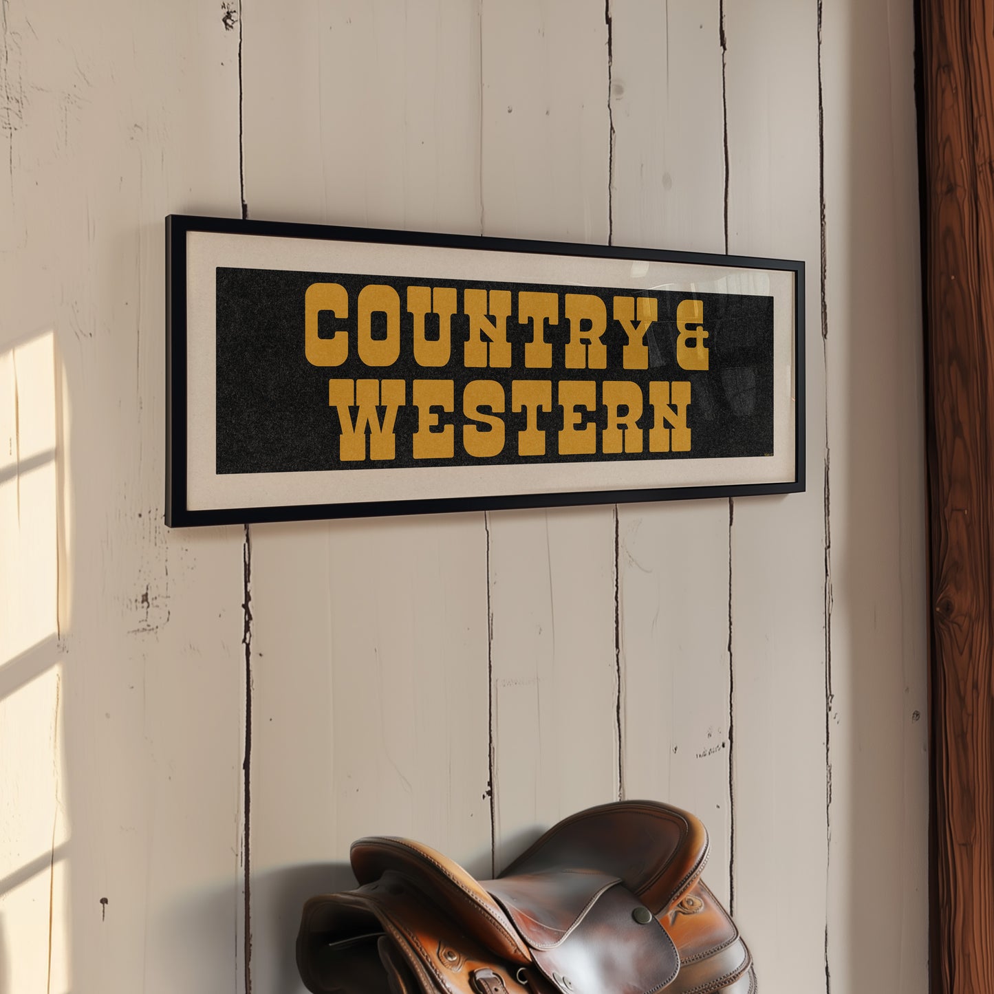 Framed COUNTRY & WESTERN Sign Black & Gold Art Print
