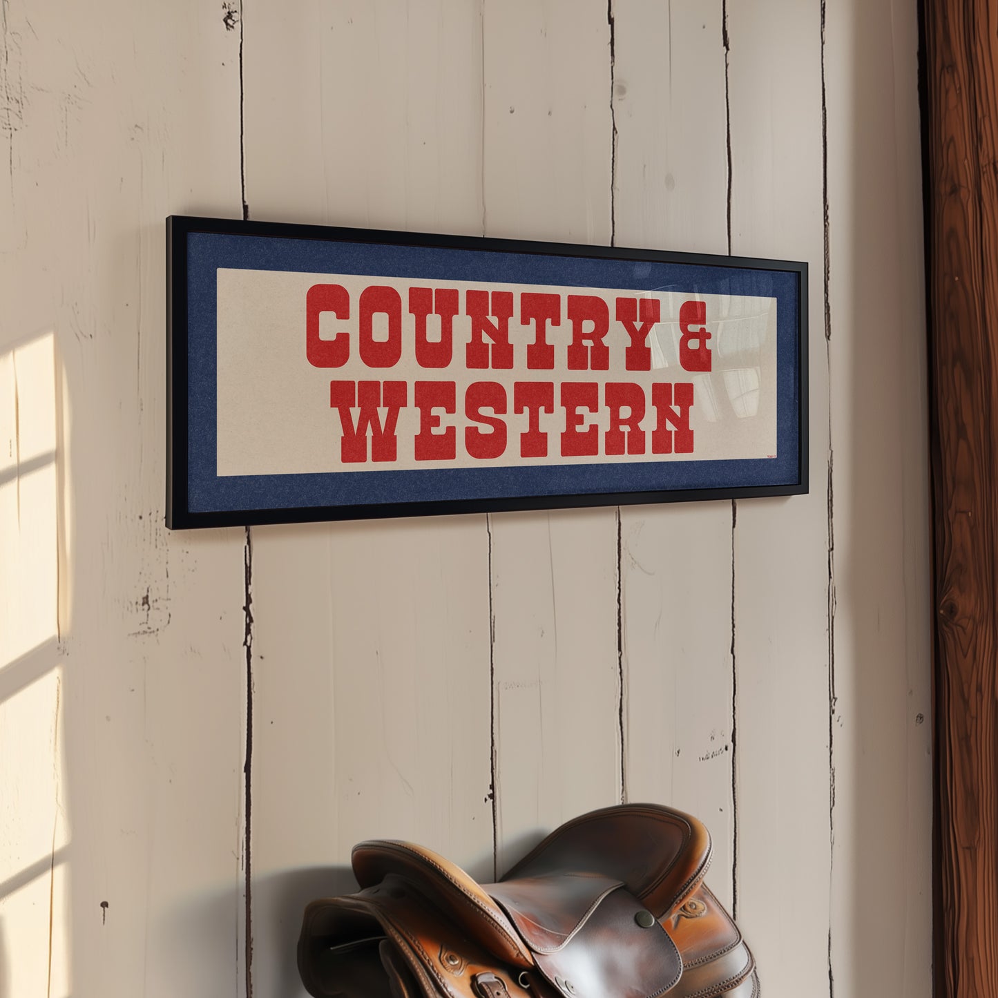 Framed COUNTRY & WESTERN Sign White & Red / Blue Art Print