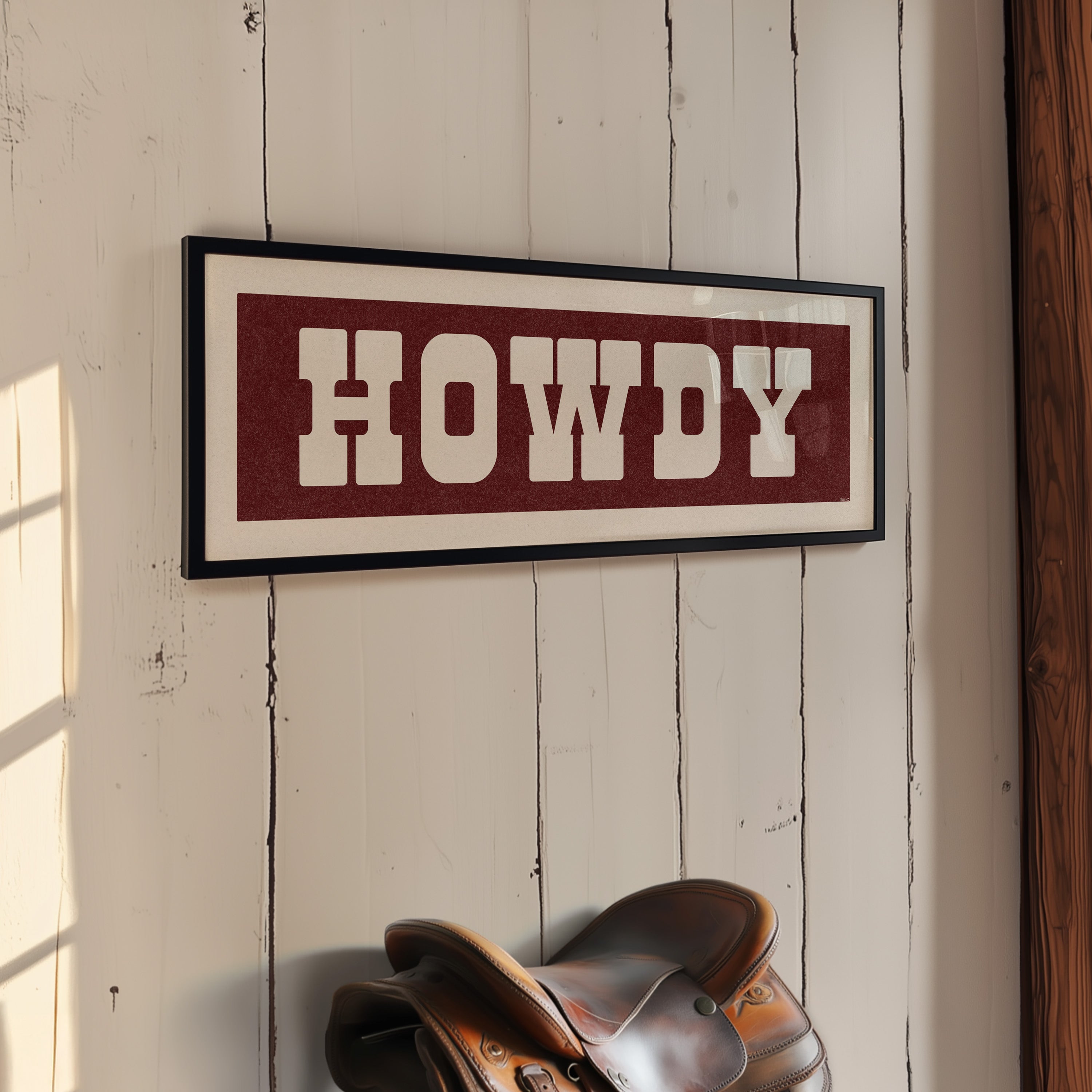 Framed HOWDY Sign Maroon & White Art Print - Tejas Country Club