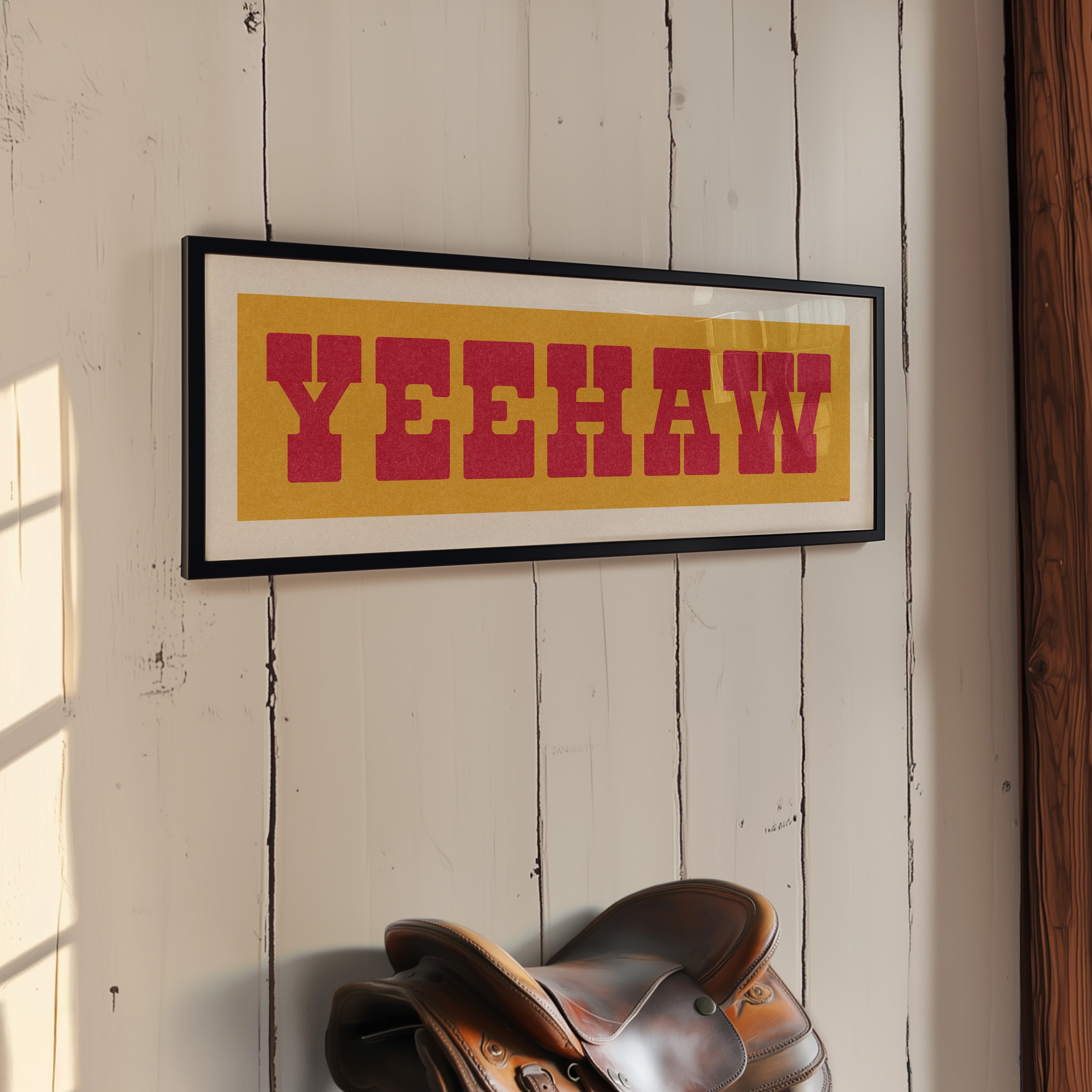 Framed YEEHAW Sign Gold & Red Art Print - Tejas Country Club