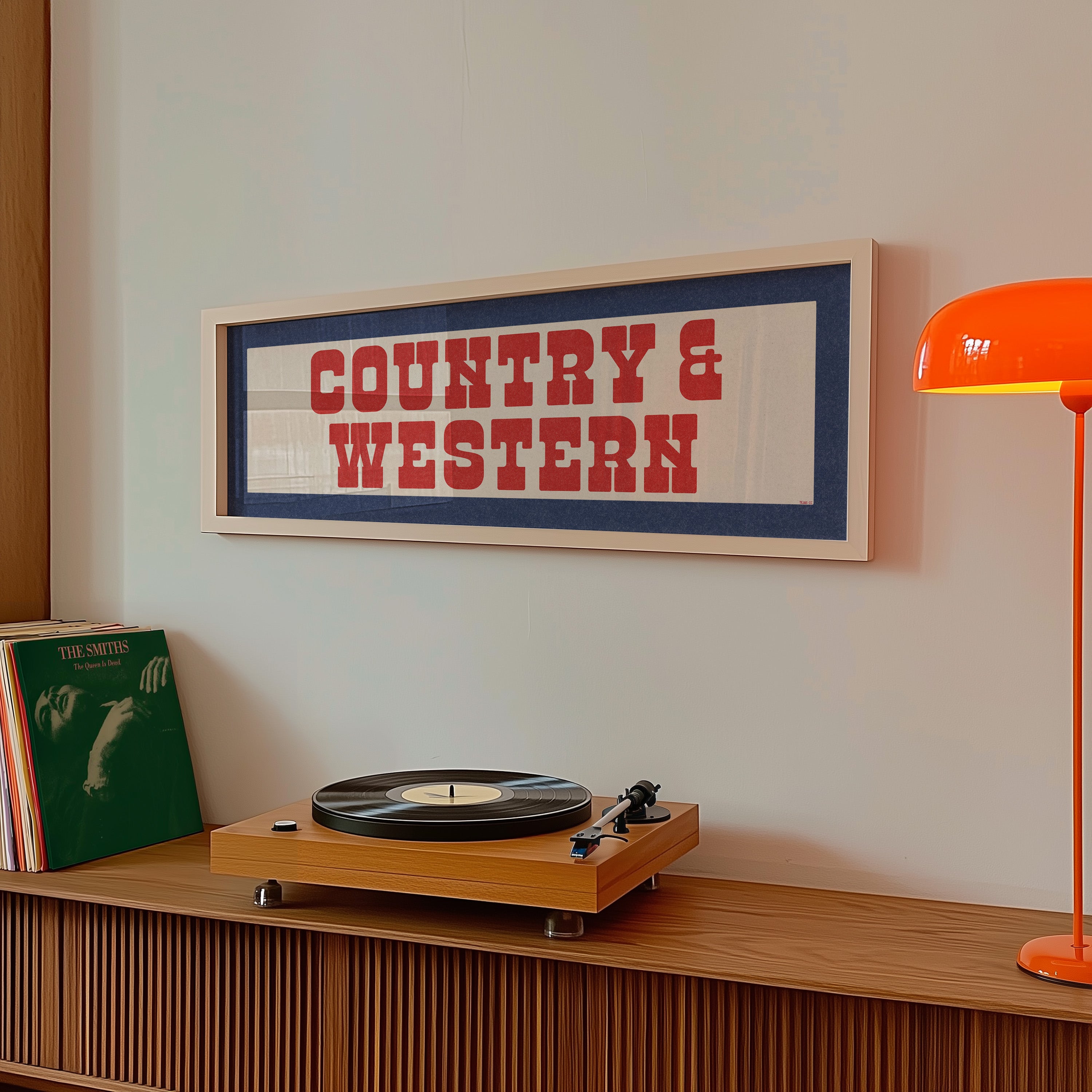 Framed COUNTRY & WESTERN Sign White & Red / Blue Art Print - Tejas Country Club
