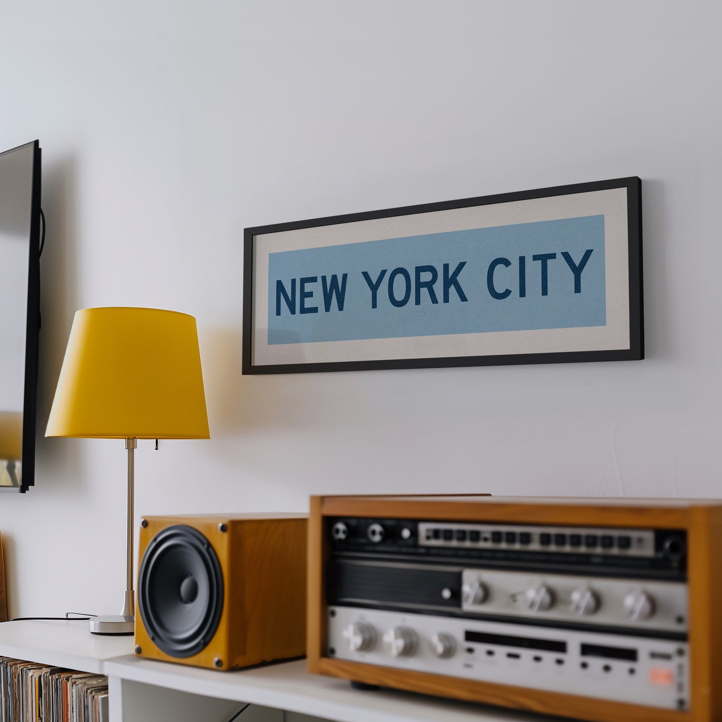 Framed New York City Columbia Blue and Navy Bus Scroll