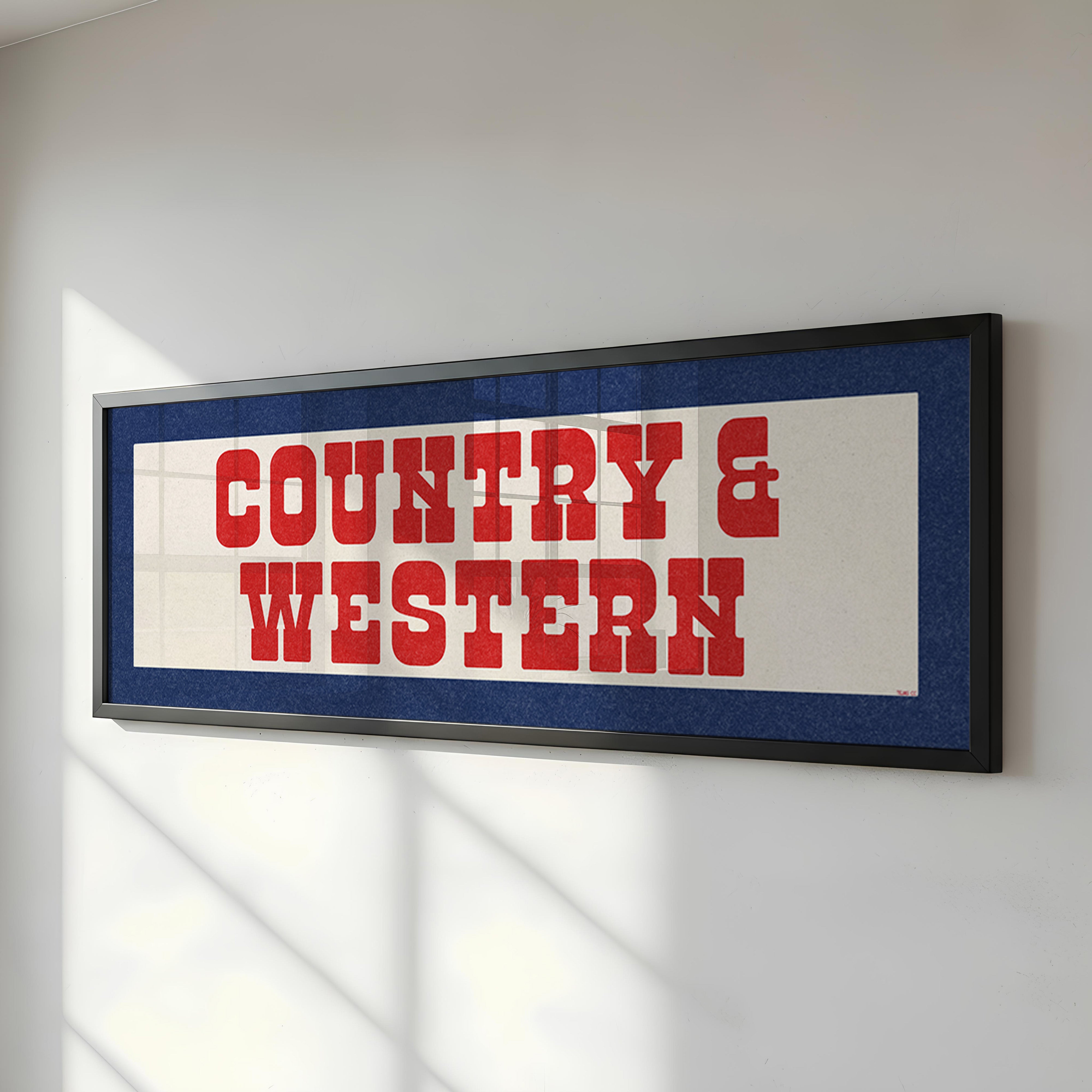 Framed COUNTRY & WESTERN Sign White & Red / Blue Art Print (FRAMED) - Tejas Country Club