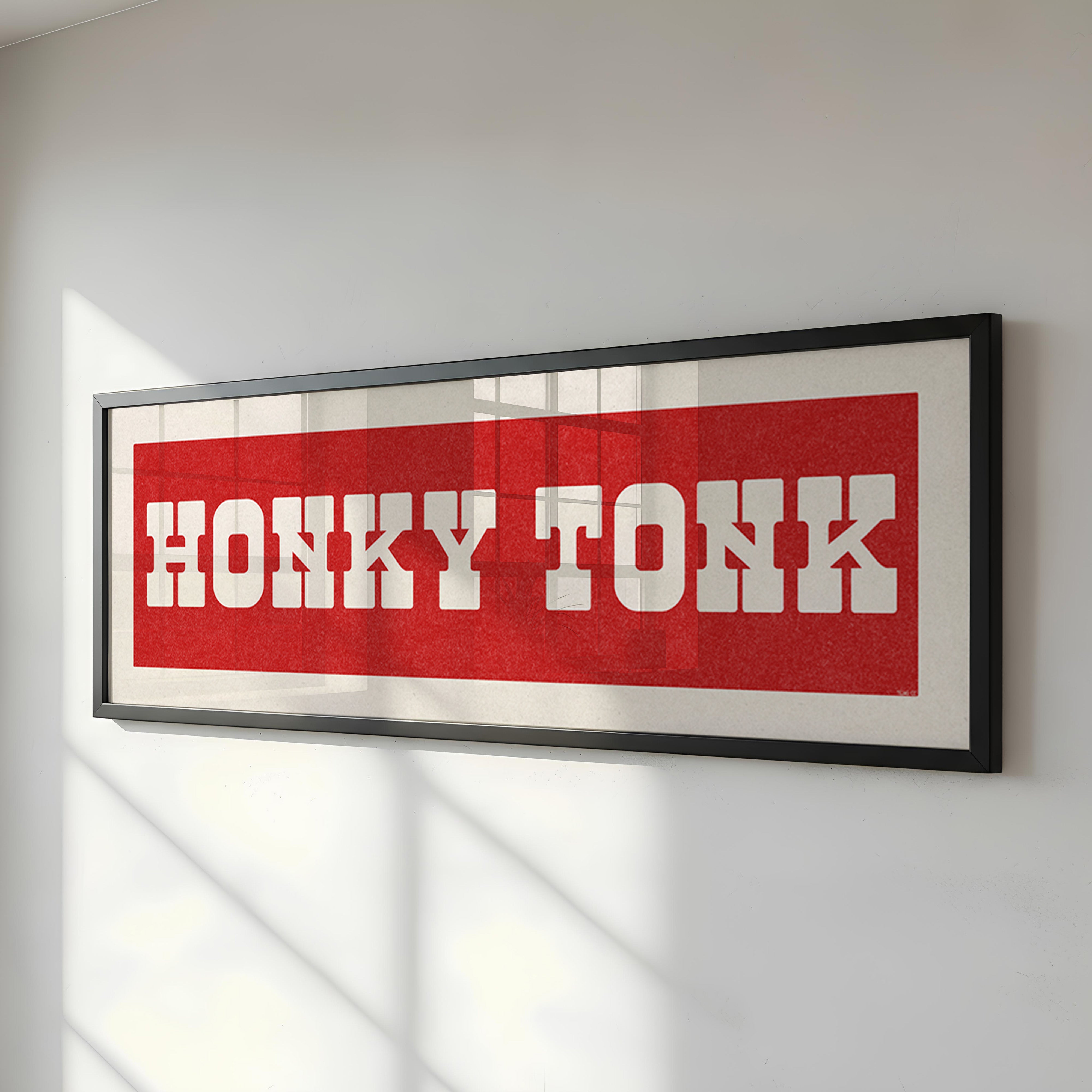 Framed HONKY TONK Sign Red & White Art Print (FRAMED) - Tejas Country Club