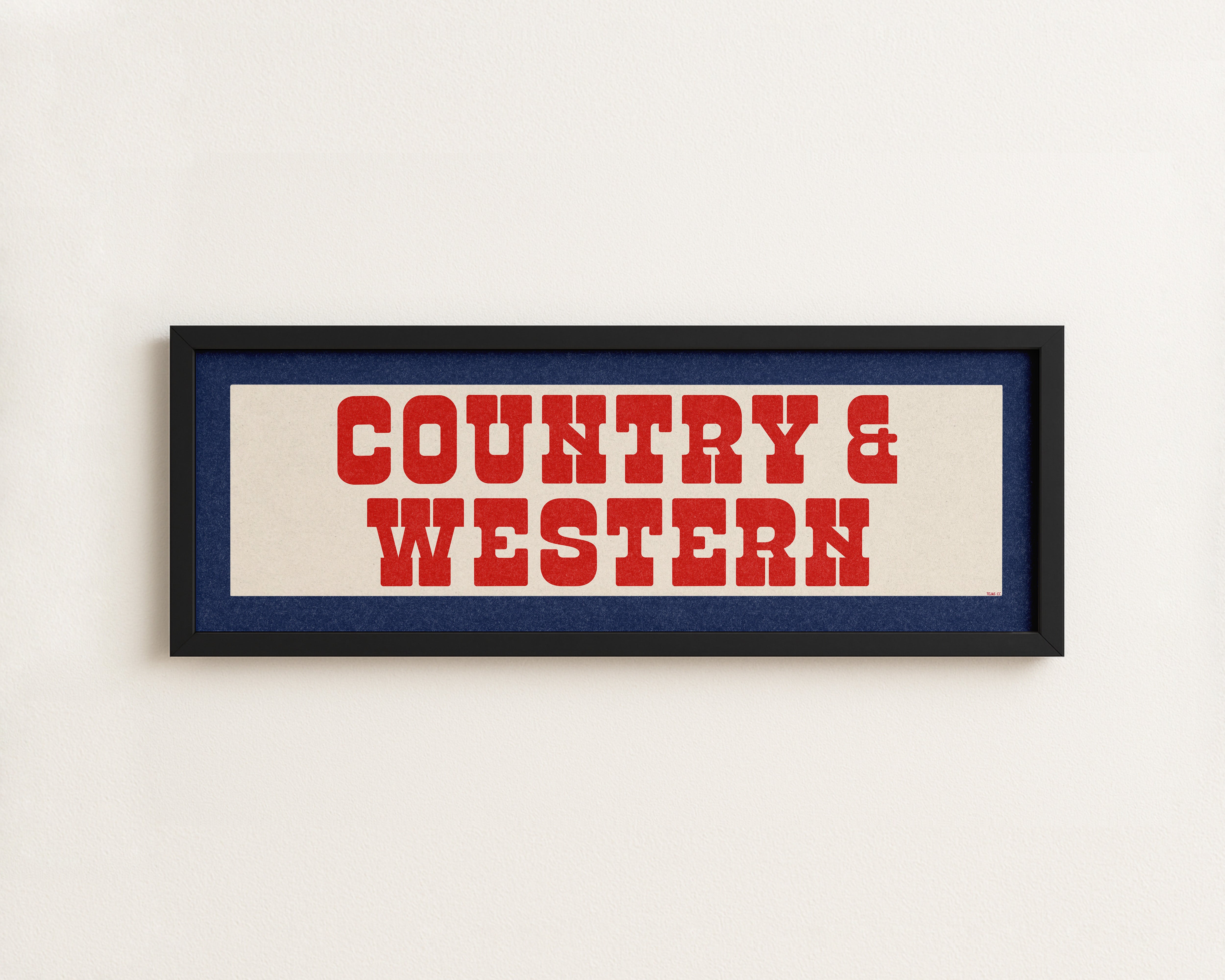 Framed COUNTRY & WESTERN Sign White & Red / Blue Art Print (FRAMED) - Tejas Country Club