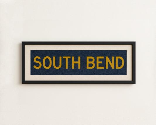 Framed South Bend Navy and Gold Bus Scroll