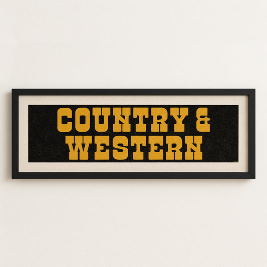 Framed COUNTRY & WESTERN Sign Black & Gold Art Print - Tejas Country Club