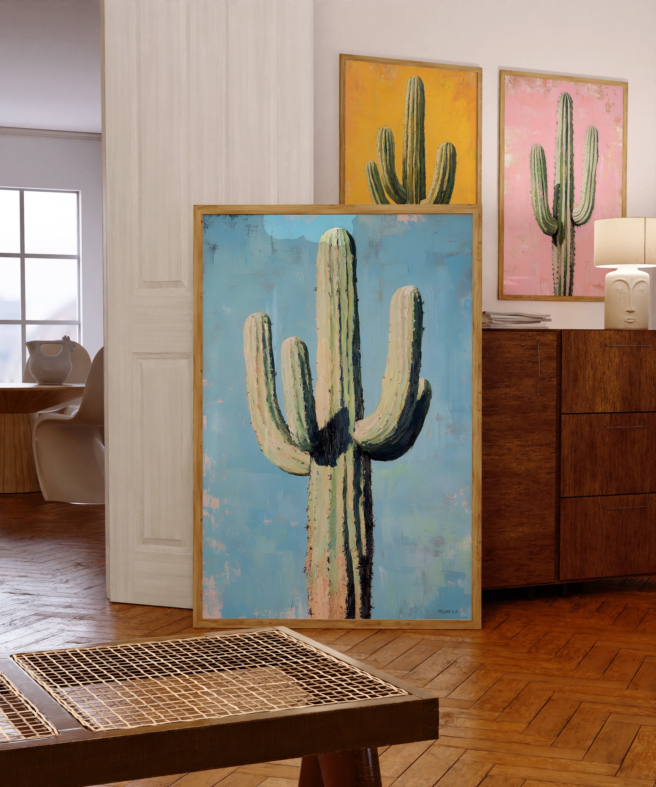 Saguaro Cactus Oil Painting Print Blue Background - Tejas Country Club