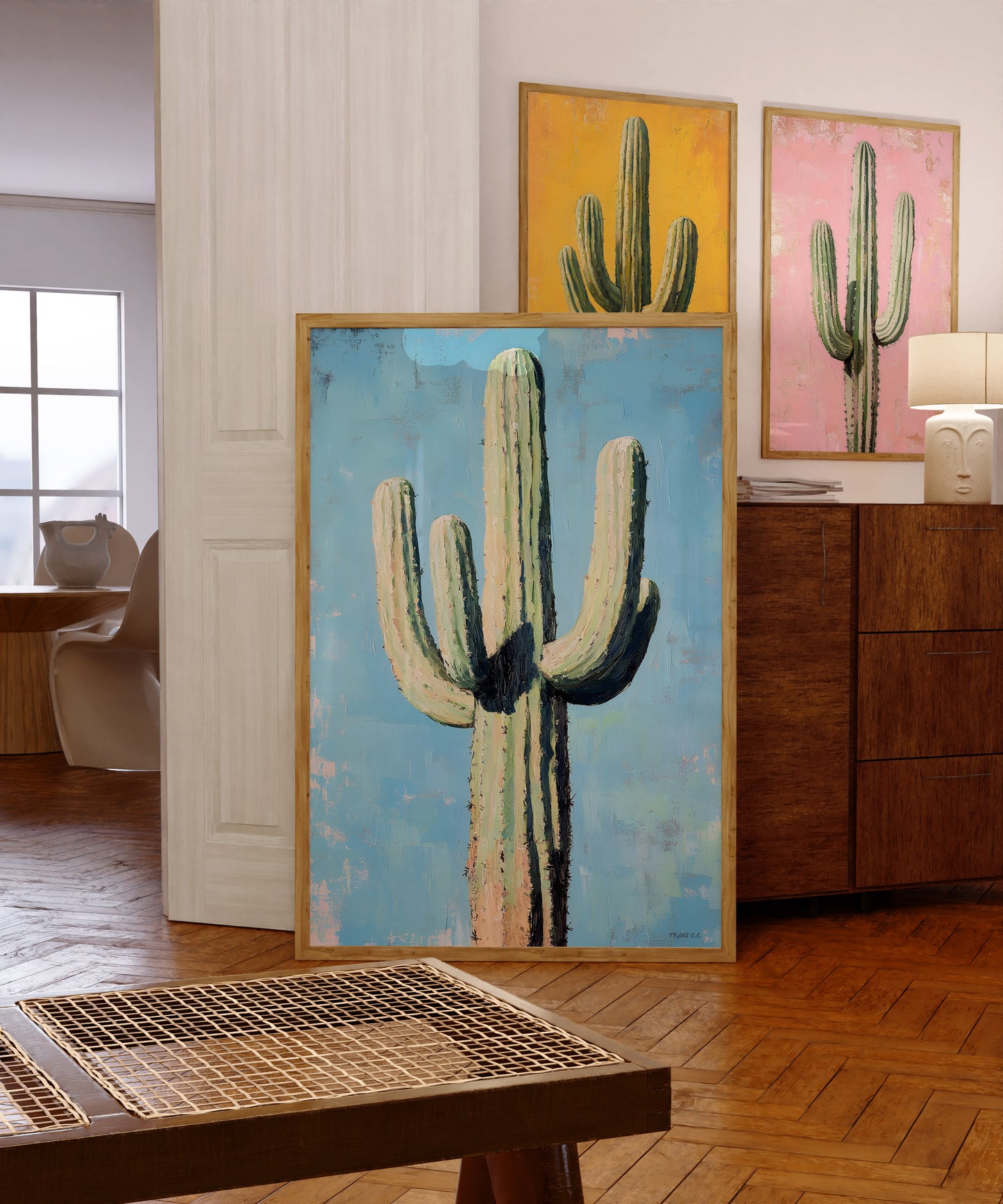 Saguaro Cactus Oil Painting Print Blue Background