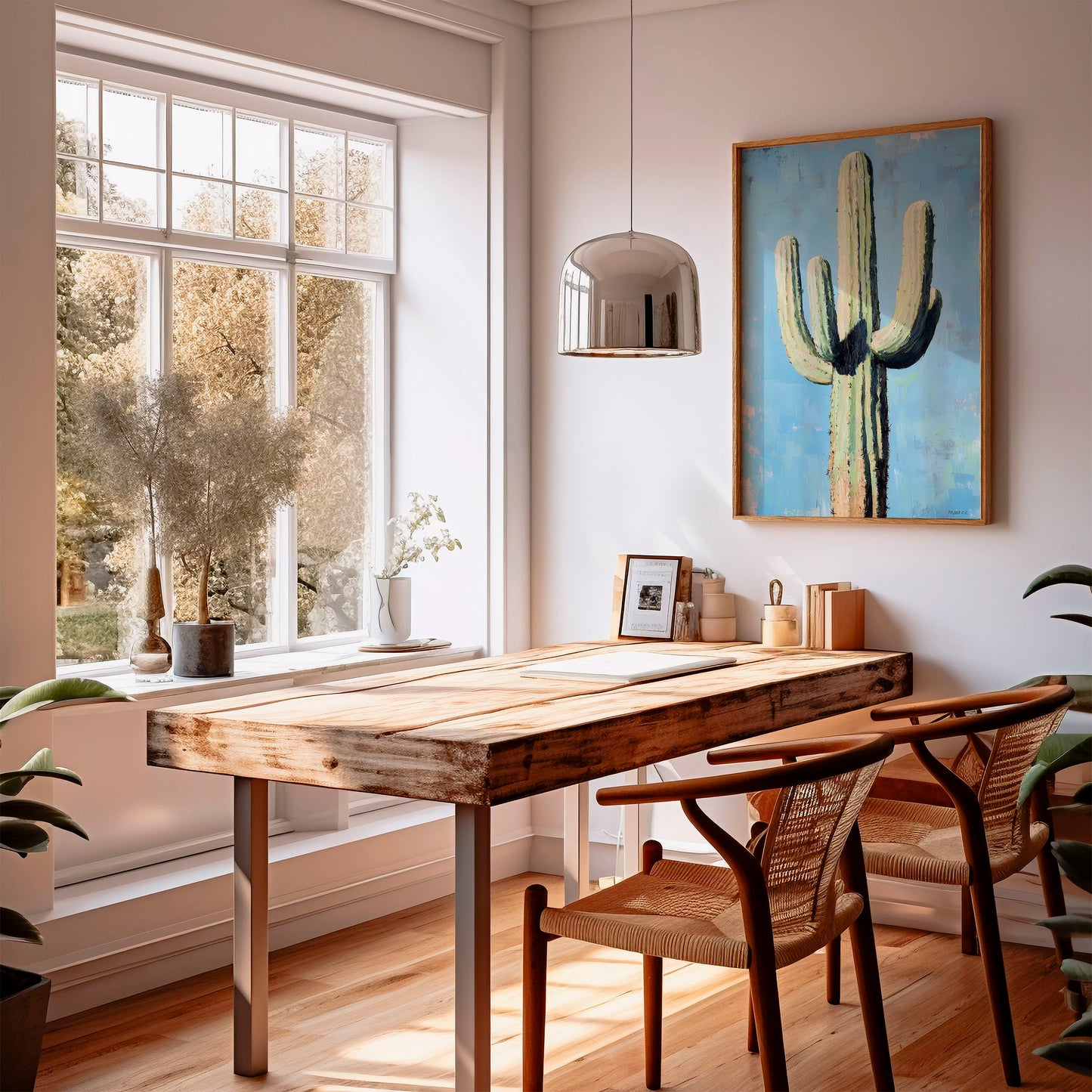 Saguaro Cactus Oil Painting Print Blue Background