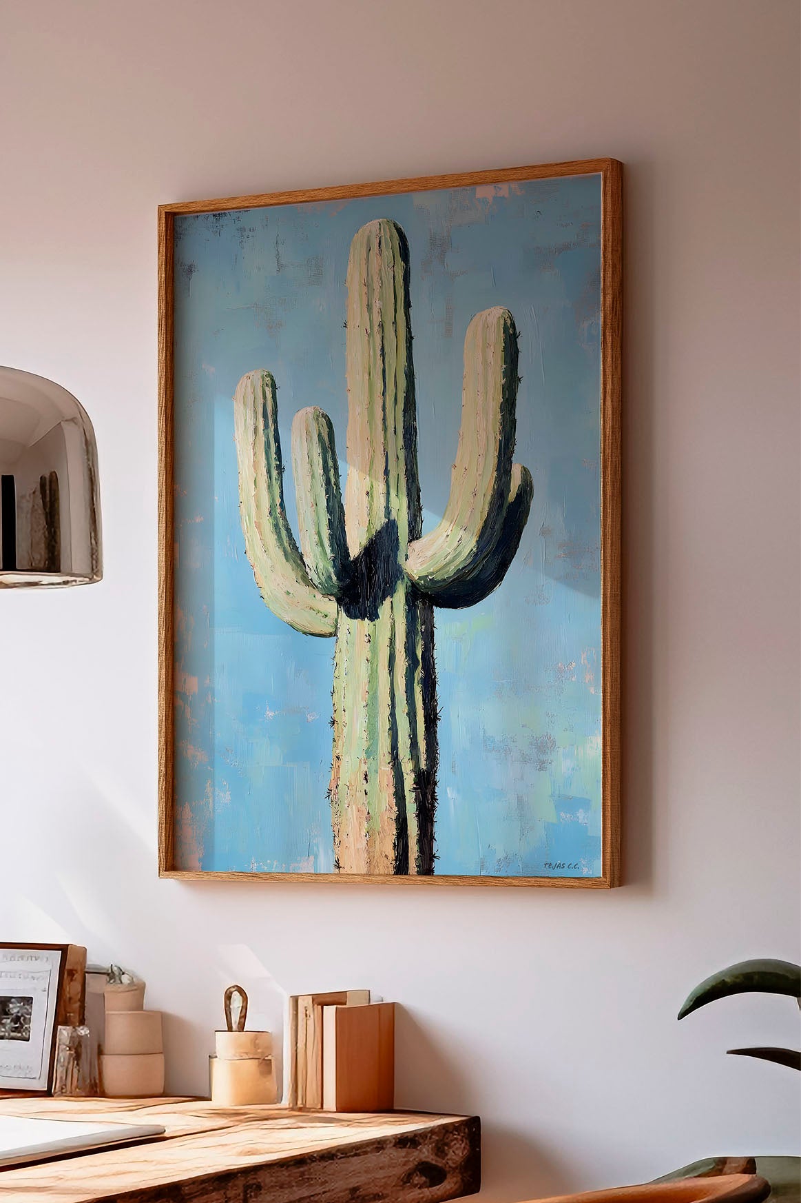 Saguaro Cactus Oil Painting Print Blue Background