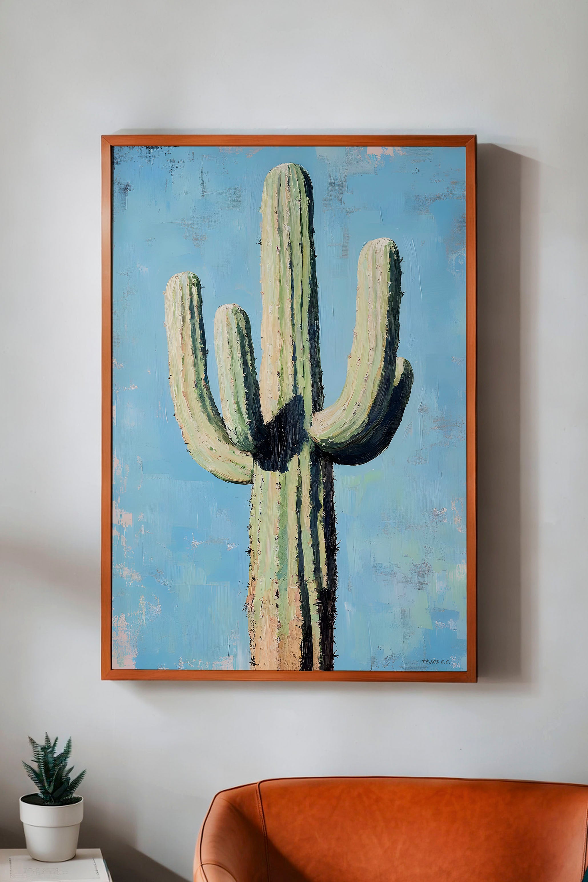 Saguaro Cactus Oil Painting Print Blue Background - Tejas Country Club