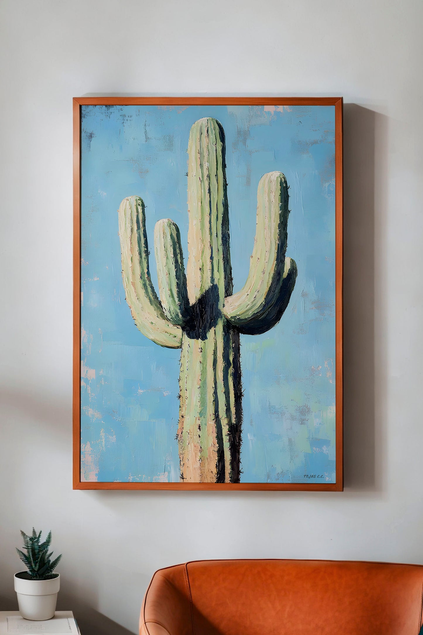 Saguaro Cactus Oil Painting Print Blue Background