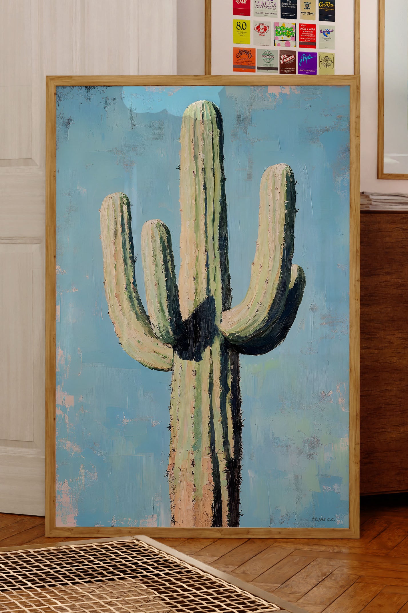 Saguaro Cactus Oil Painting Print Blue Background - Tejas Country Club