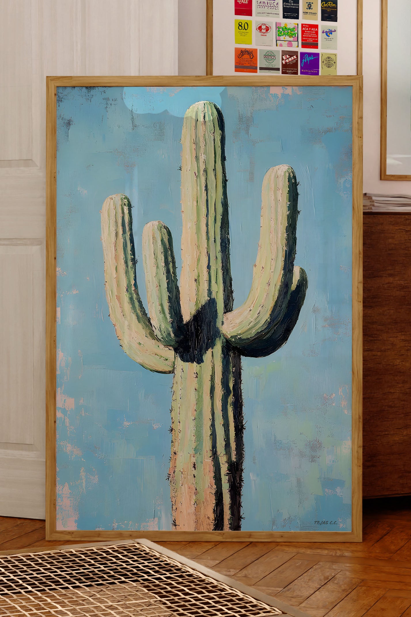 Saguaro Cactus Oil Painting Print Blue Background