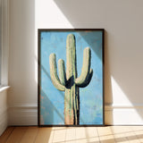 Framed Saguaro Oil Painting Style Print Blue Background