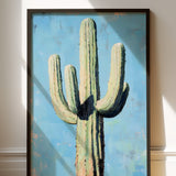 Framed Saguaro Oil Painting Style Print Blue Background