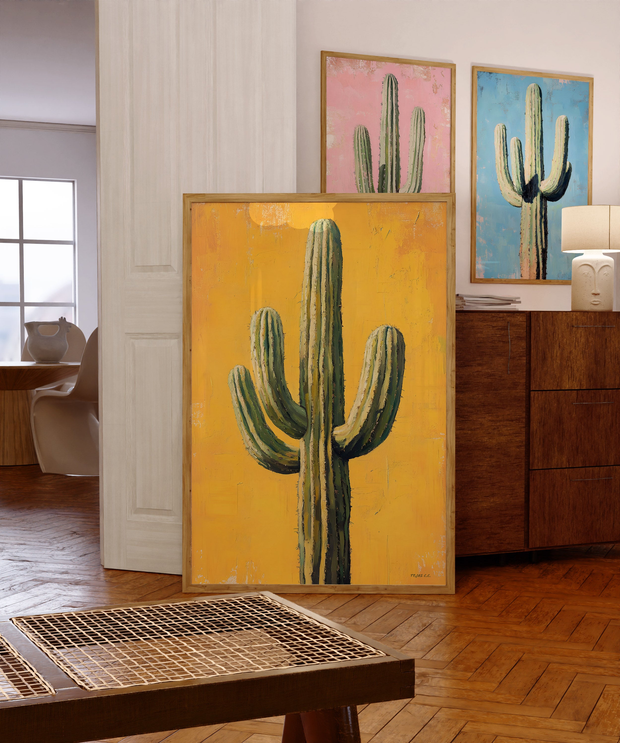 Saguaro Cactus Oil Painting Print Gold Background - Tejas Country Club