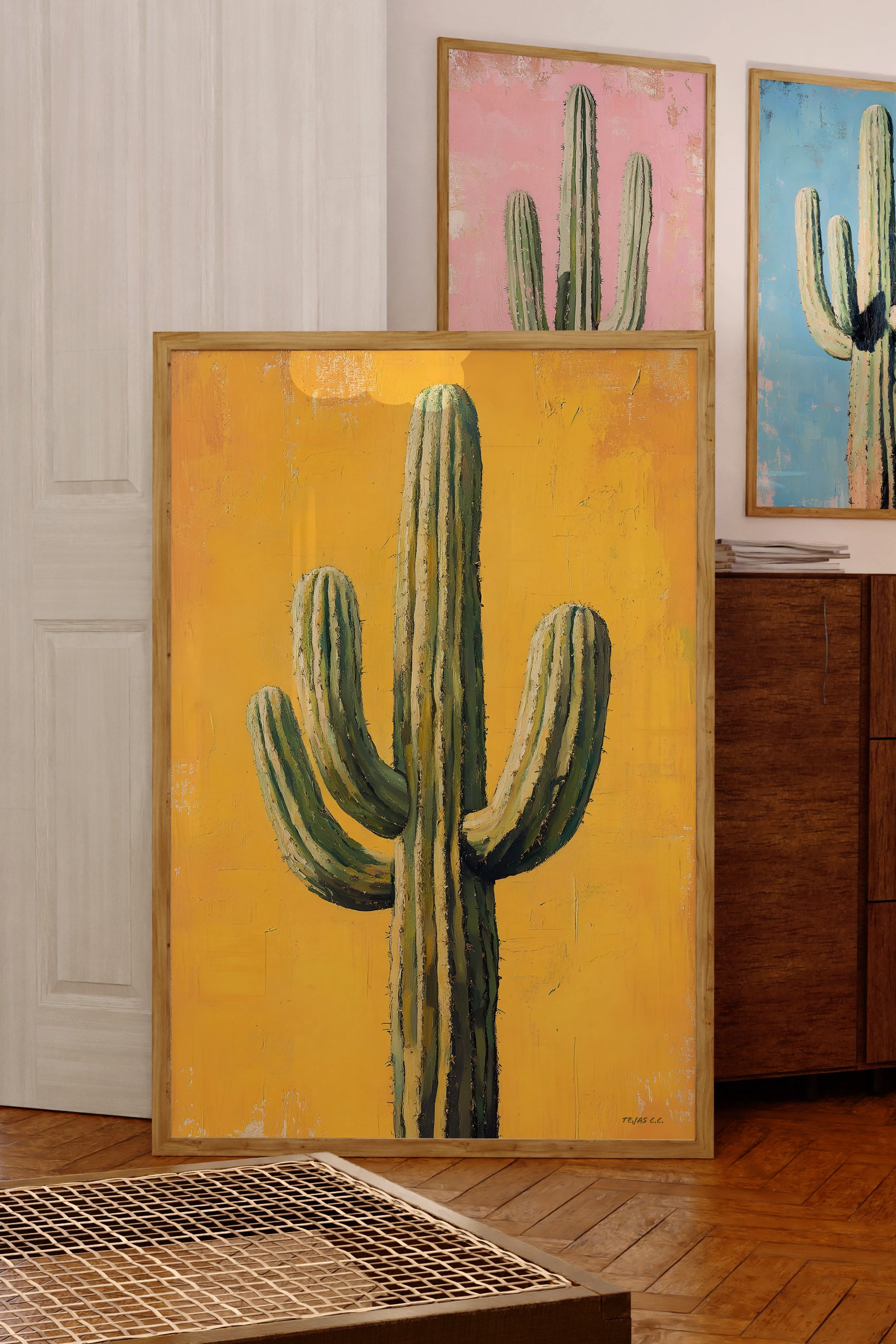 Saguaro Cactus Oil Painting Print Gold Background - Tejas Country Club