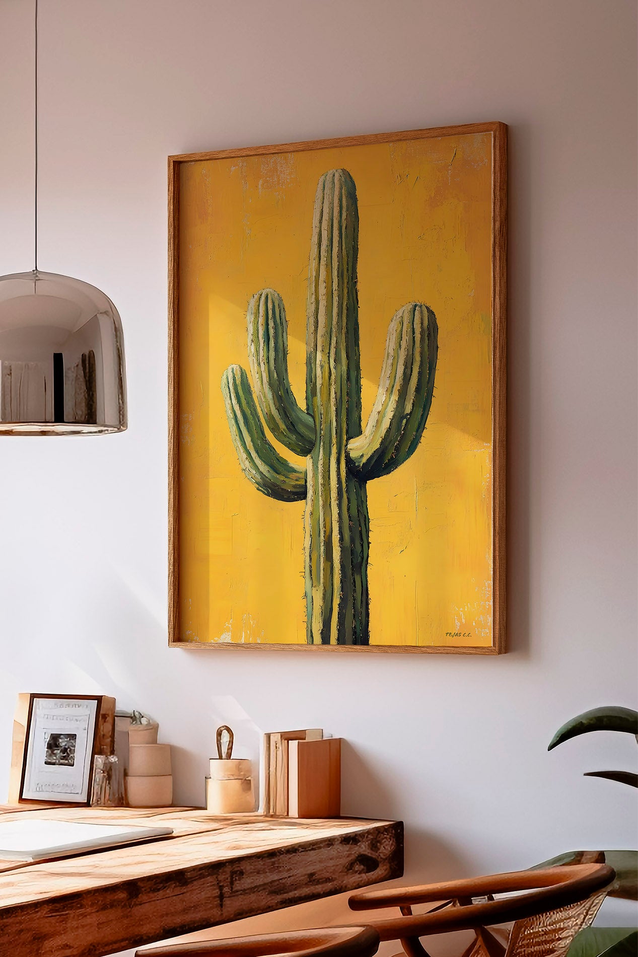 Saguaro Cactus Oil Painting Print Gold Background - Tejas Country Club
