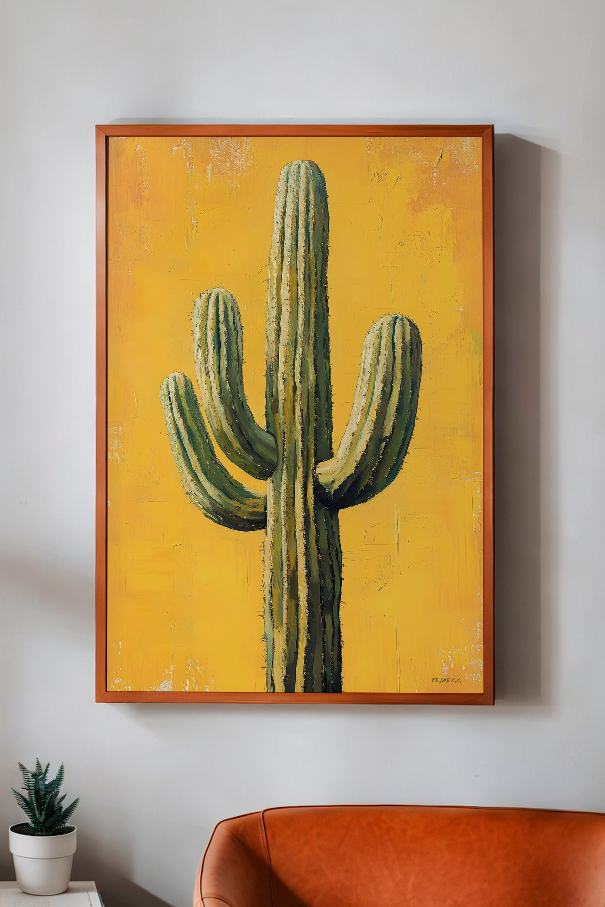 Saguaro Cactus Oil Painting Print Gold Background - Tejas Country Club