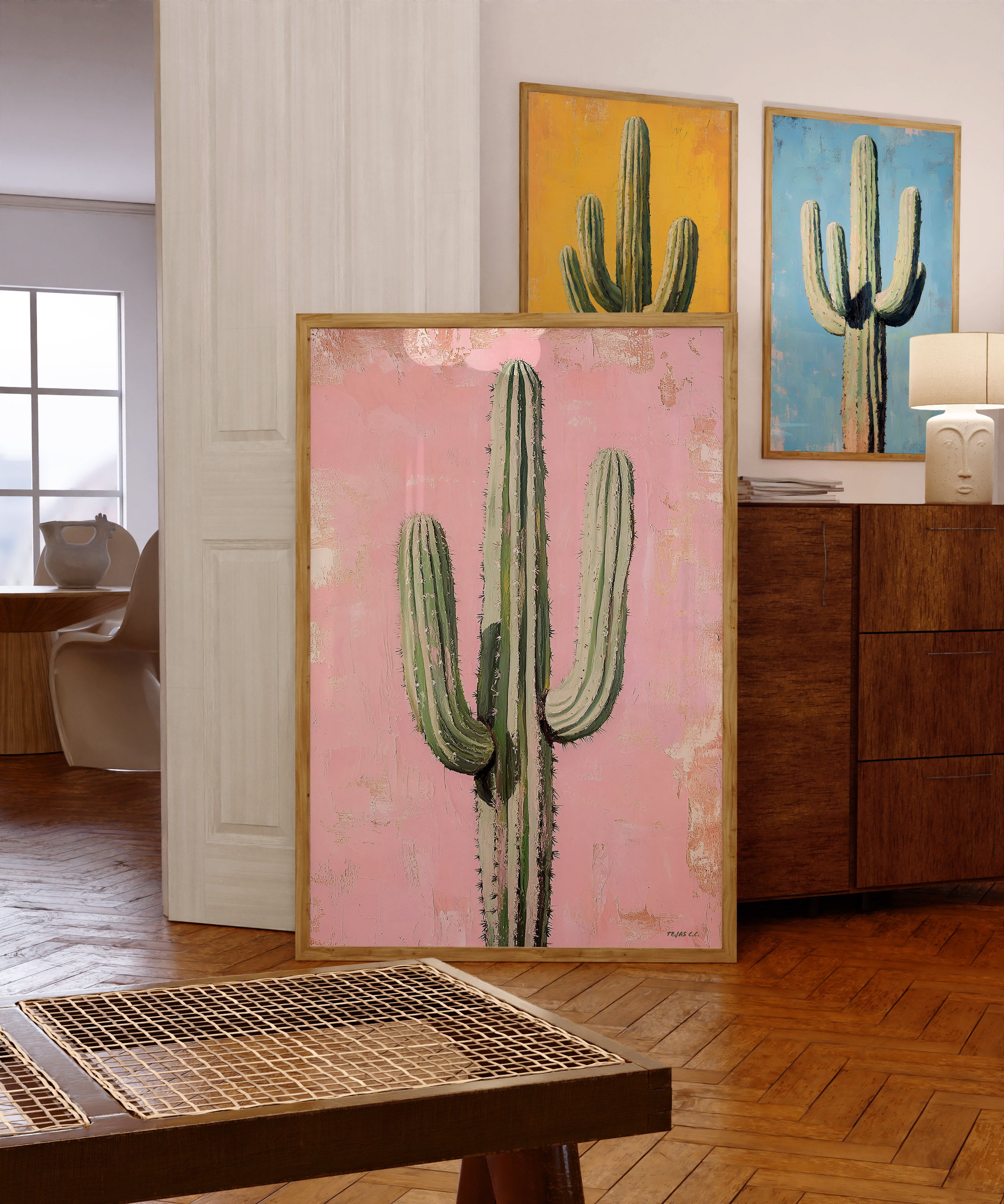 Saguaro Cactus Oil Painting Print Pink Background - Tejas Country Club