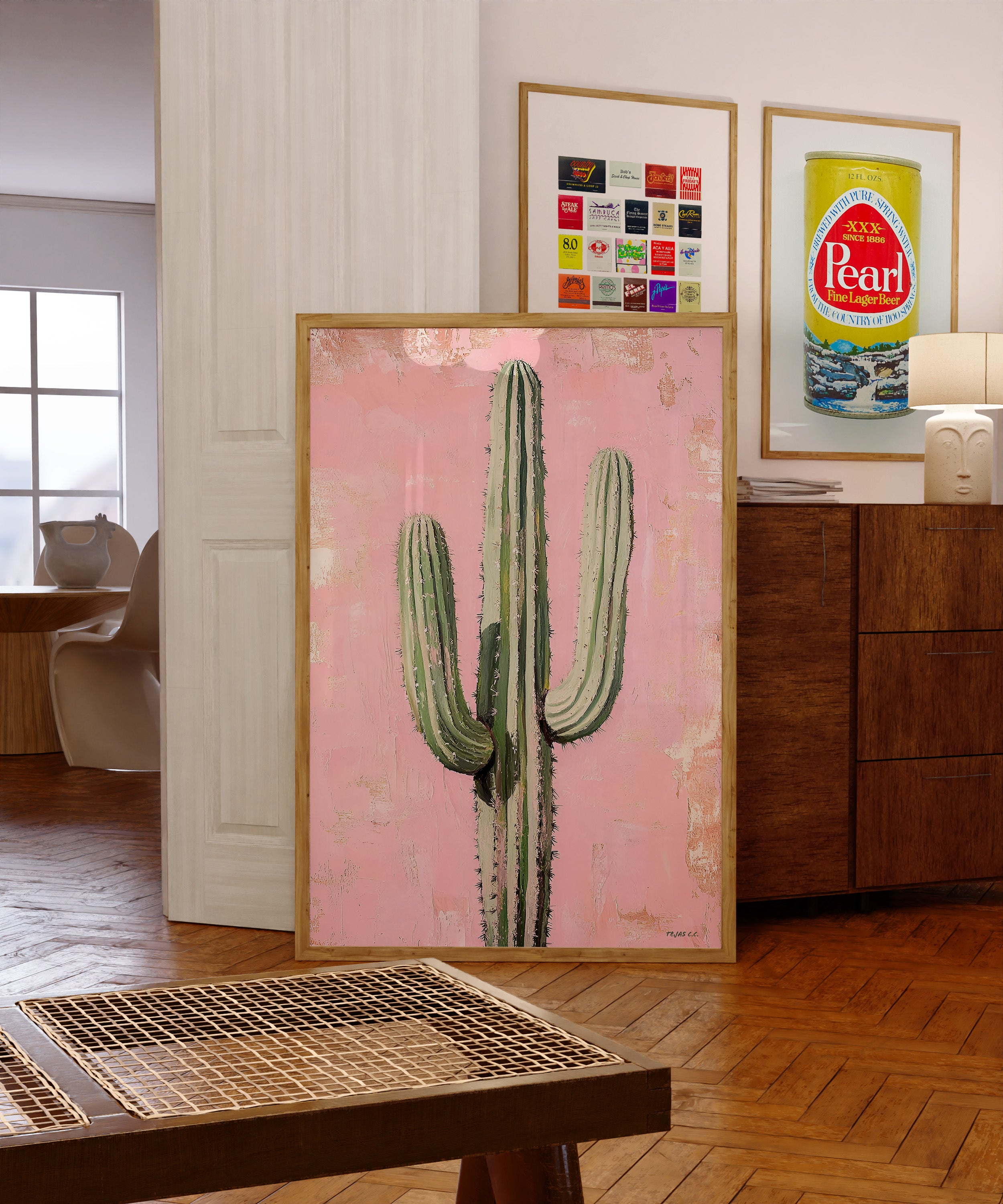 Saguaro Cactus Oil Painting Print Pink Background - Tejas Country Club