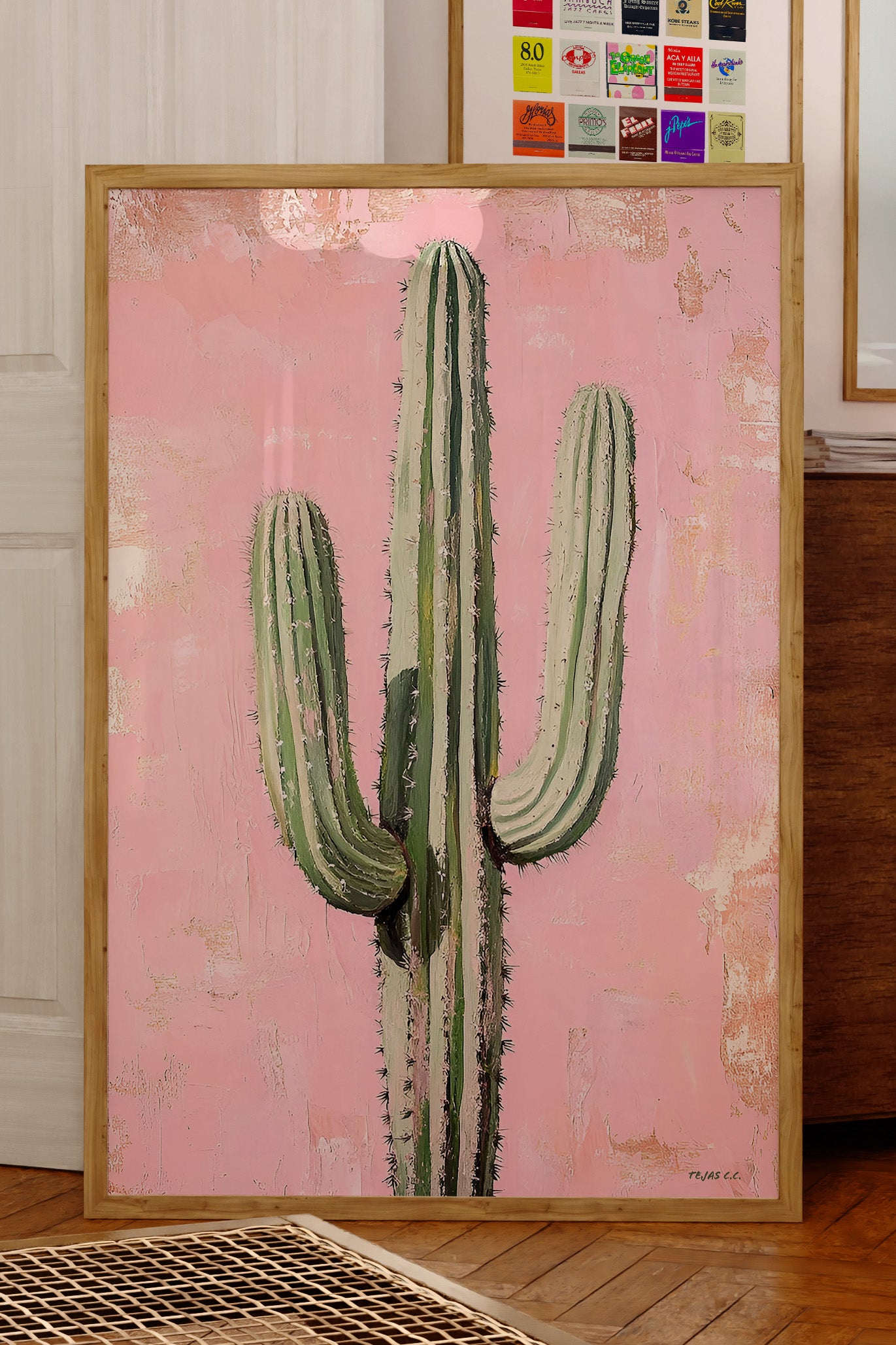 Saguaro Cactus Oil Painting Print Pink Background - Tejas Country Club