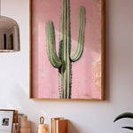 Saguaro Cactus Oil Painting Print Pink Background - Tejas Country Club