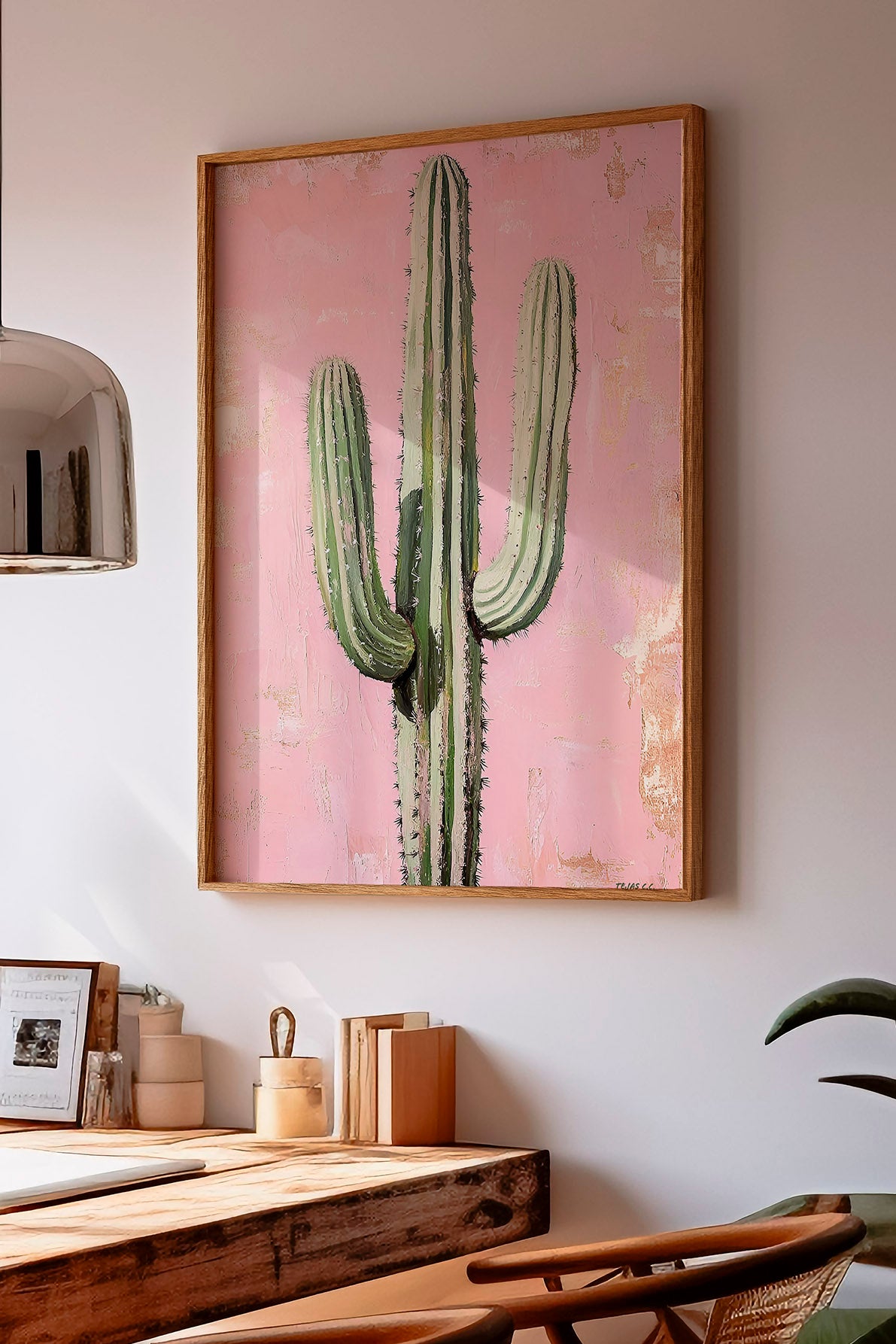 Saguaro Cactus Oil Painting Print Pink Background - Tejas Country Club