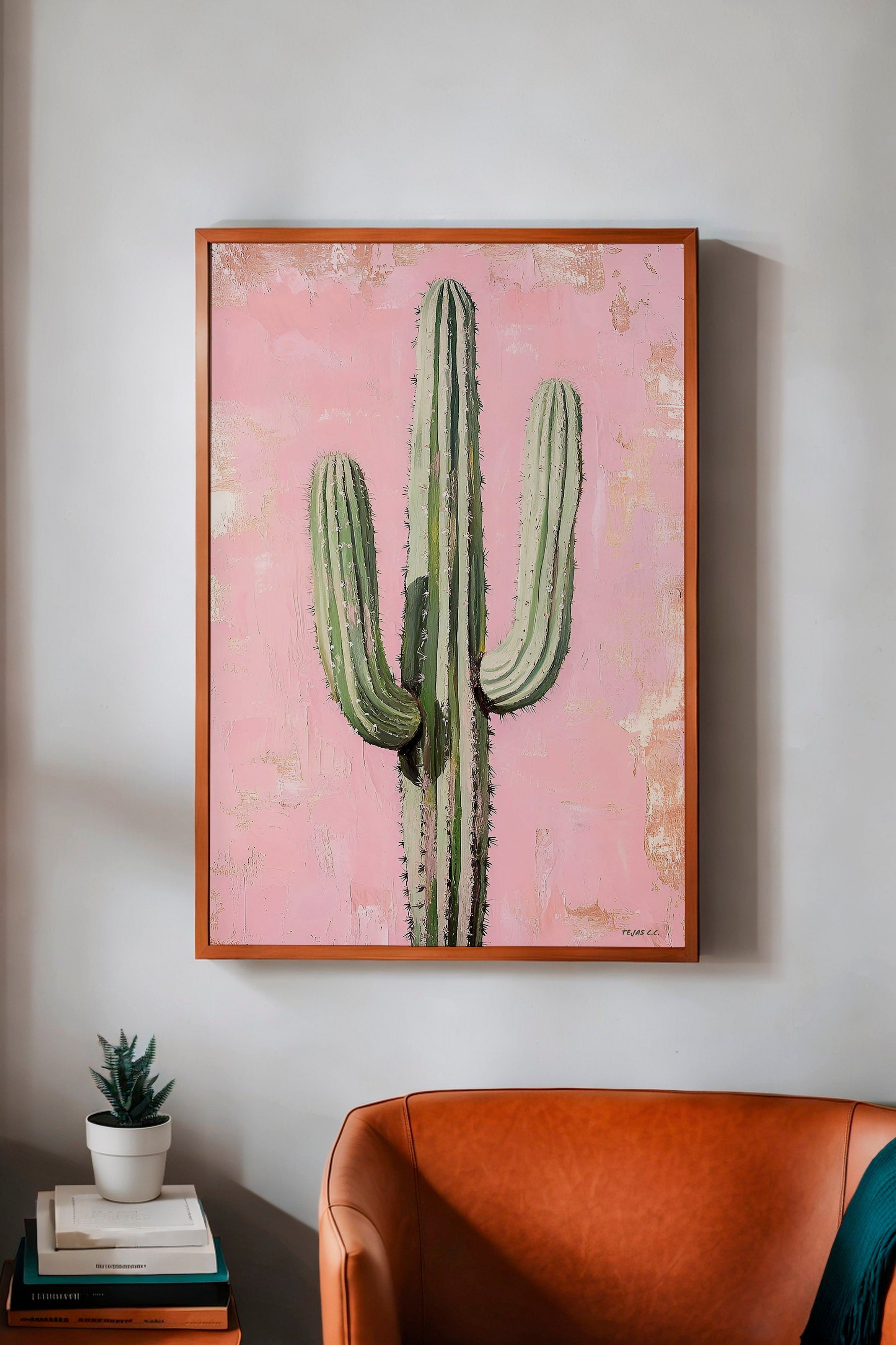 Saguaro Cactus Oil Painting Print Pink Background - Tejas Country Club