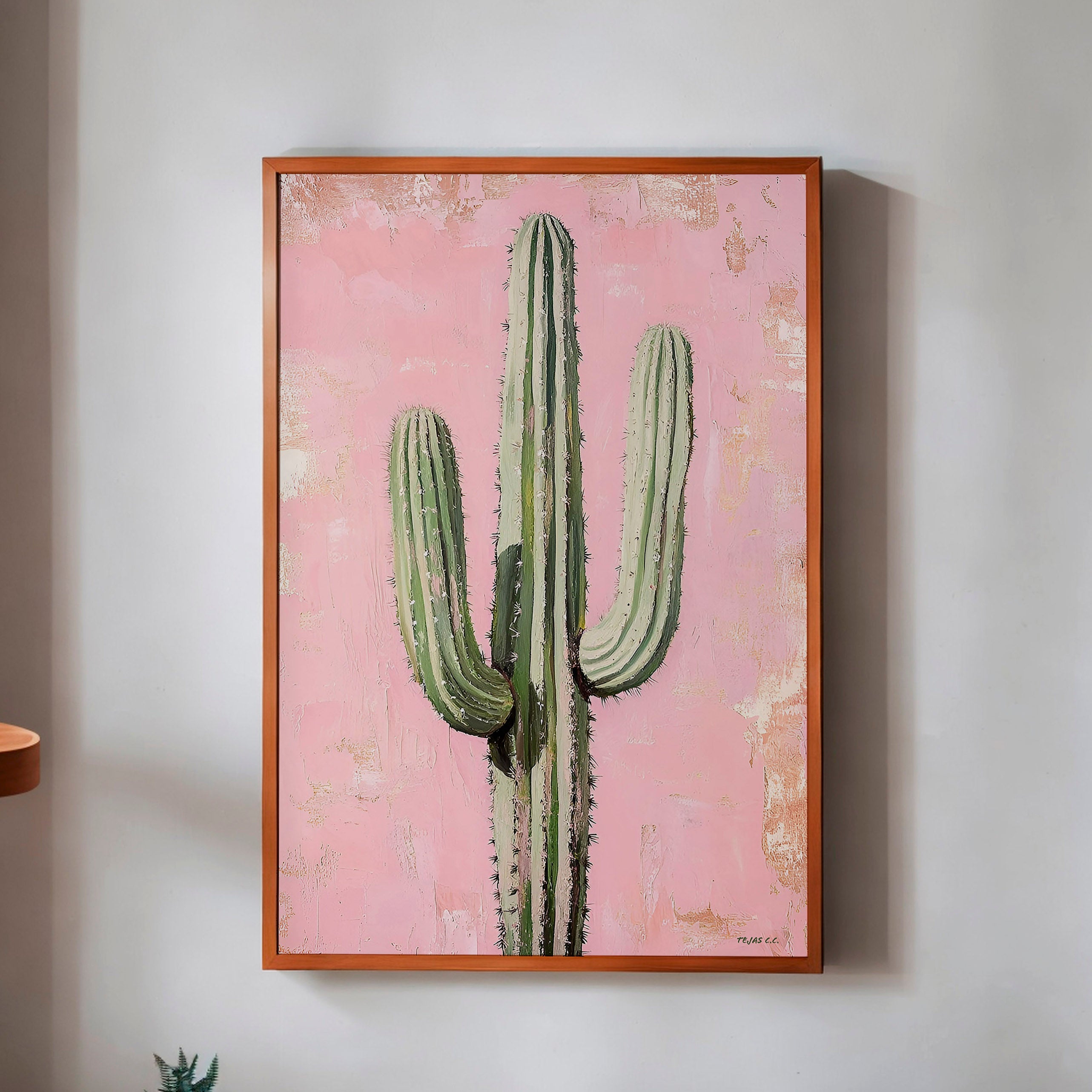 Saguaro Cactus Oil Painting Print Pink Background - Tejas Country Club