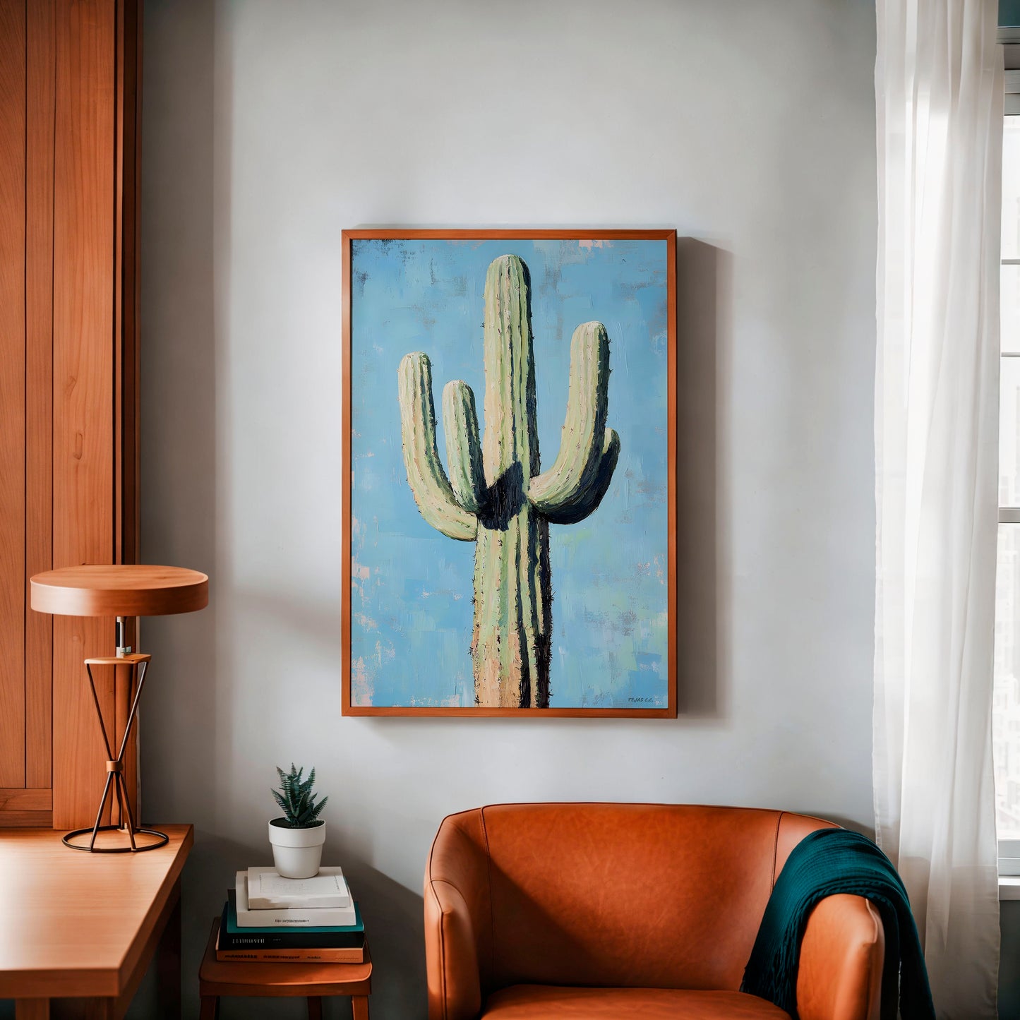 Saguaro Cactus Oil Painting Print Blue Background