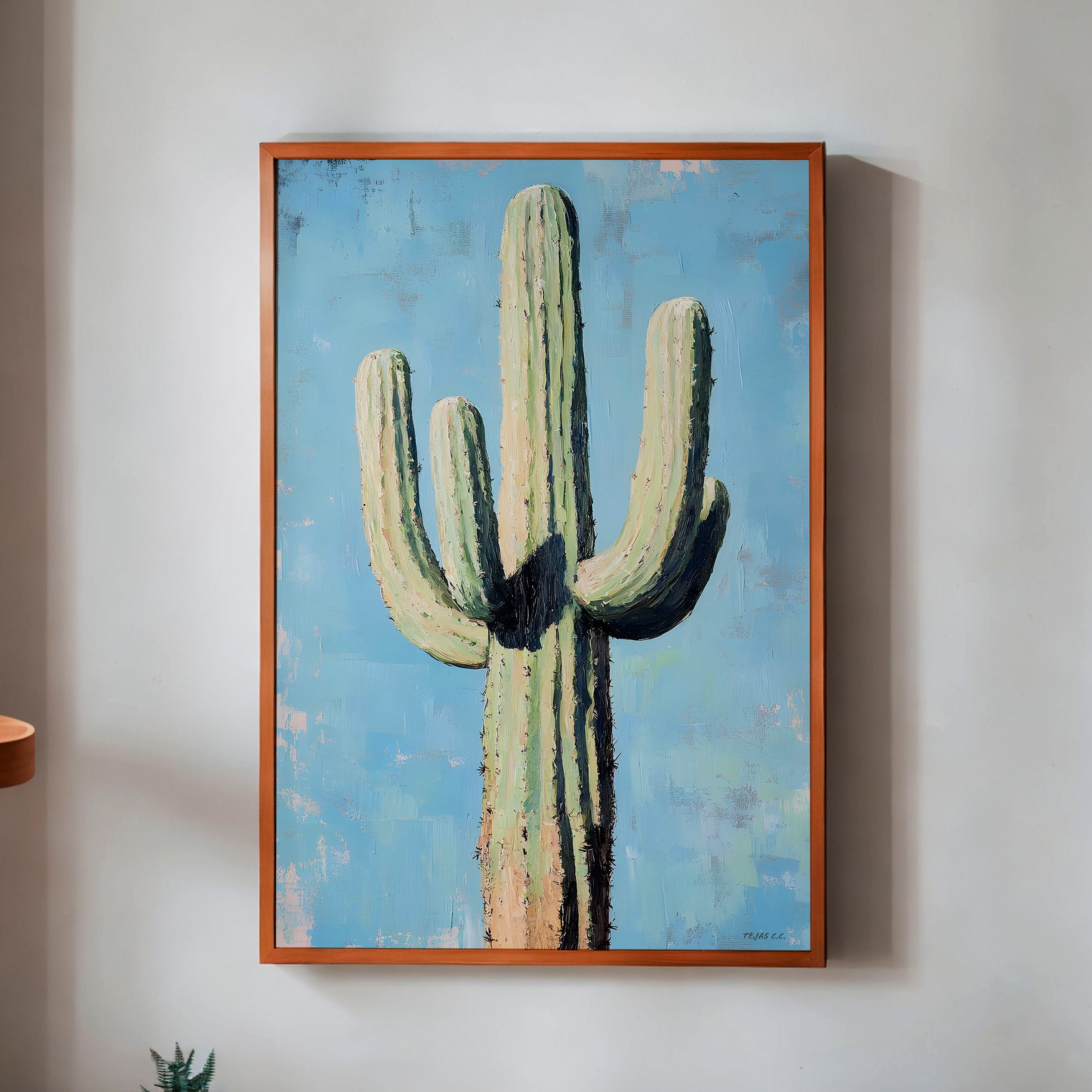 Saguaro Cactus Oil Painting Print Blue Background - Tejas Country Club