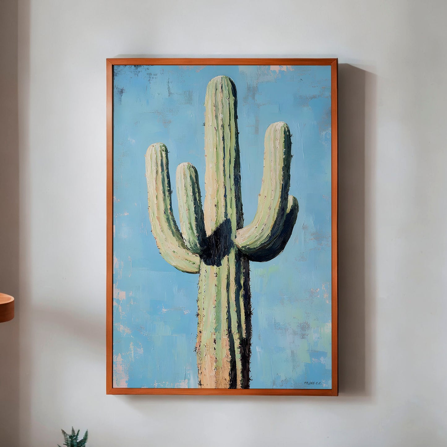 Saguaro Cactus Oil Painting Print Blue Background