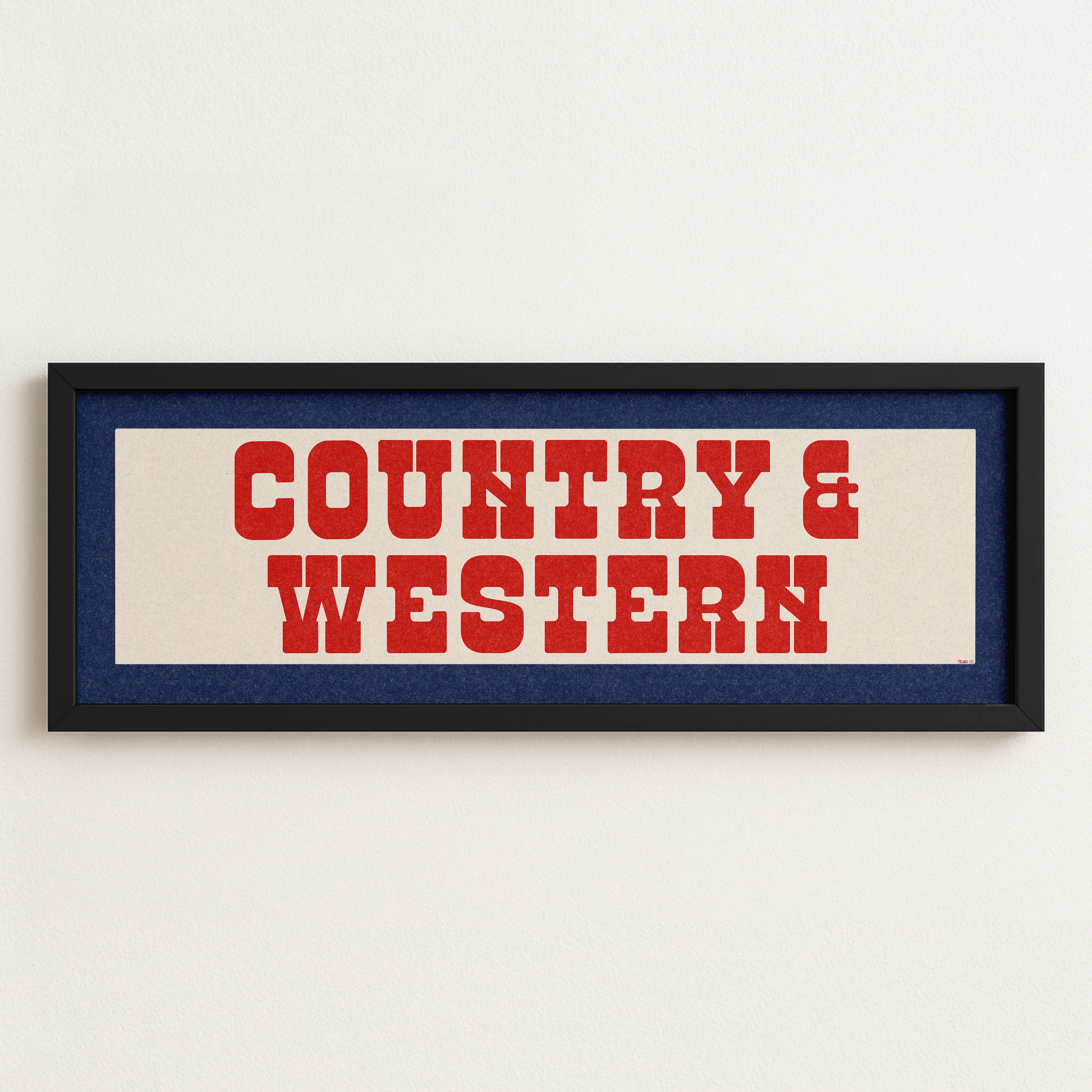 Framed COUNTRY & WESTERN Sign White & Red / Blue Art Print - Tejas Country Club