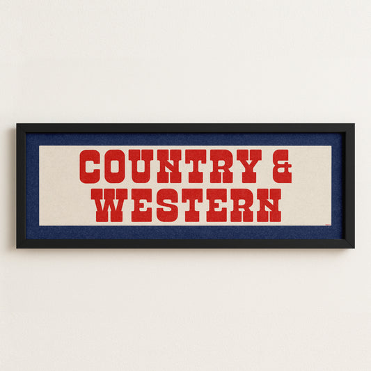 Framed COUNTRY & WESTERN Sign White & Red / Blue Art Print - Tejas Country Club