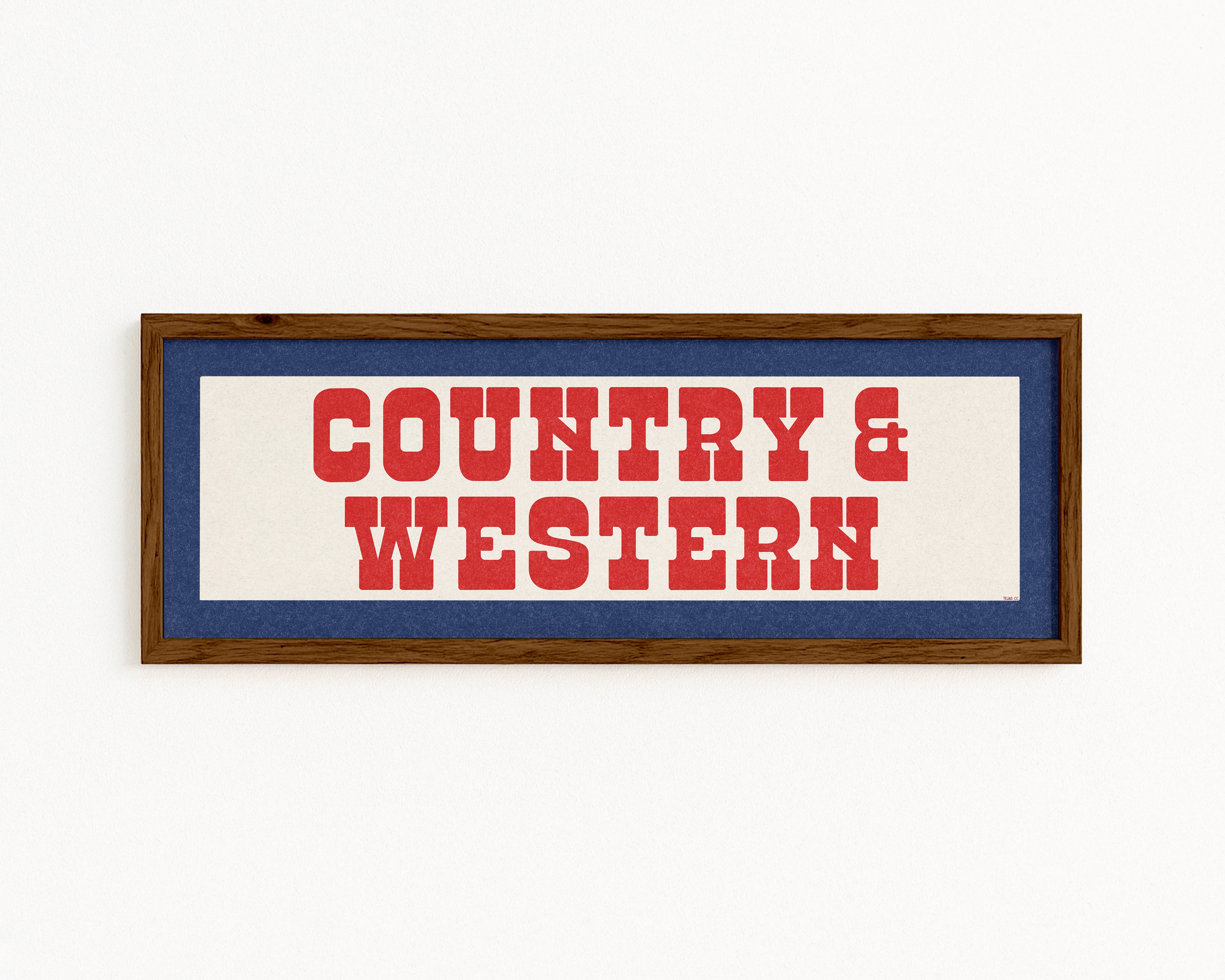 Framed COUNTRY & WESTERN Sign White & Red / Blue Art Print - Tejas Country Club